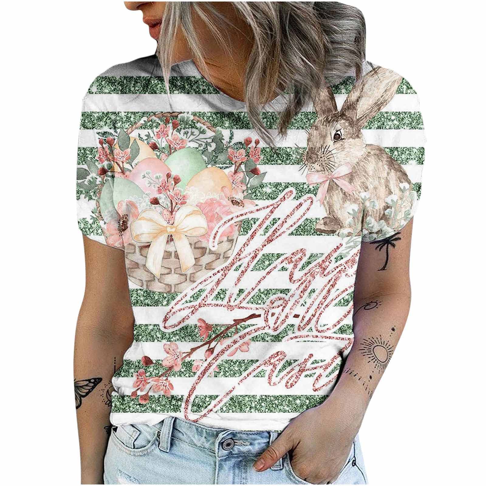 Funny Rabbit Print Easter Graphic Tees for Women - Cute Casual Short Sleeve Crewneck Tops & Loose Blouse T-Shirts | Perfect for Easter Celebrations, Summer Outings & Casual Wear