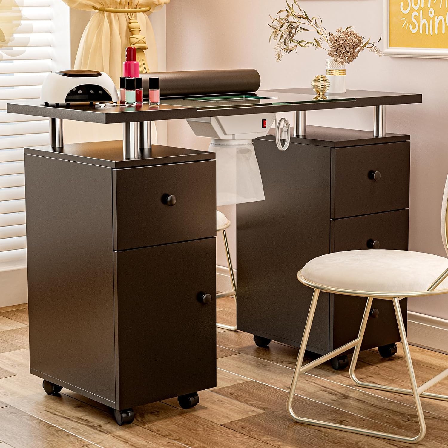 Professional Manicure Table with Glass Top - Electric Downdraft Ventilation, Wrist Cushion, Lockable Wheels & Storage Drawers - Perfect for Nail Salons, Home Studios & Mobile Nail Technicians (Black-Glass Design)