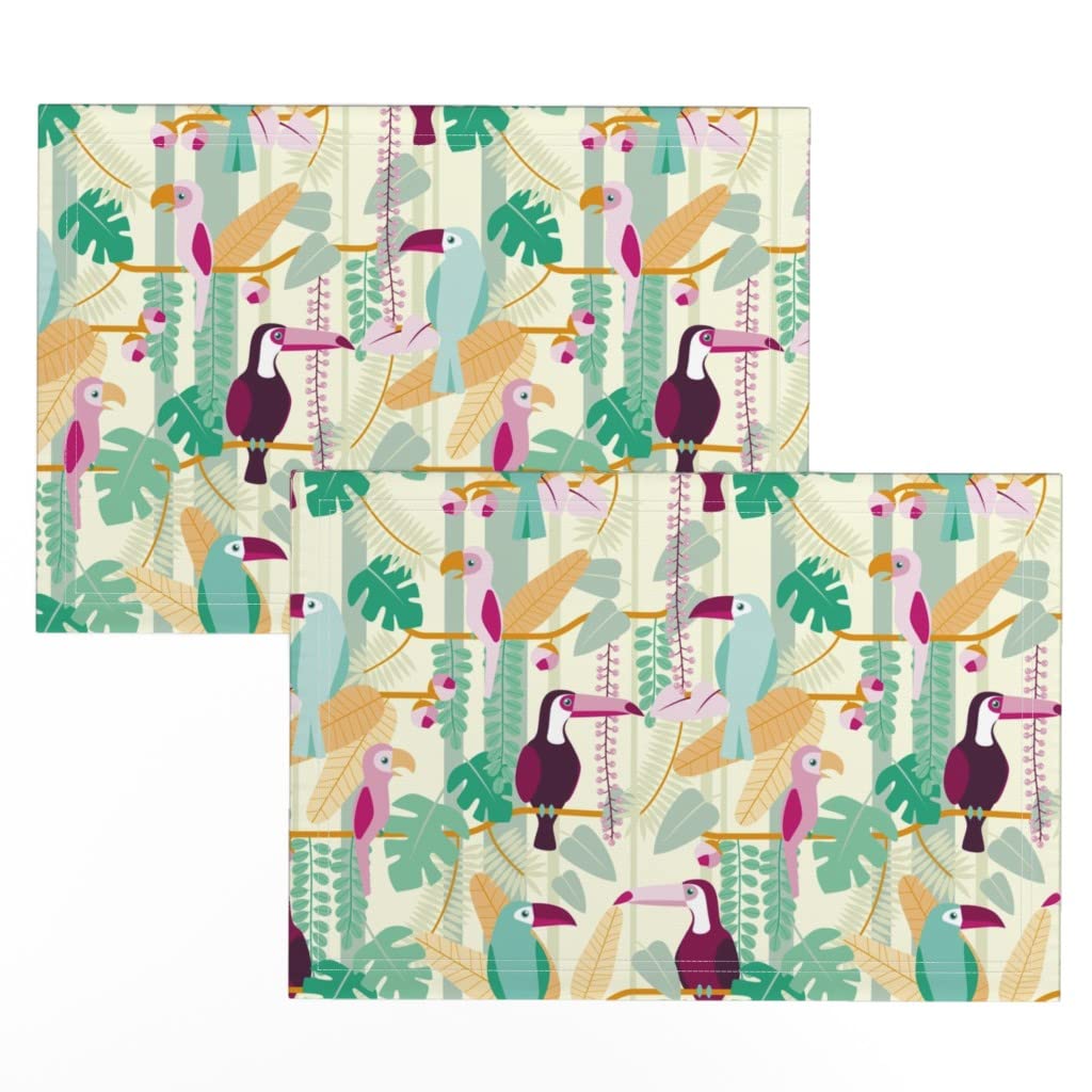 Premium Linen Cotton Canvas Placemats Set of 2 - Tropical Rainforest Birds Parrot Toucan Jungle Botanical Print Table Mats for Dining Room, Kitchen, and Outdoor Picnics