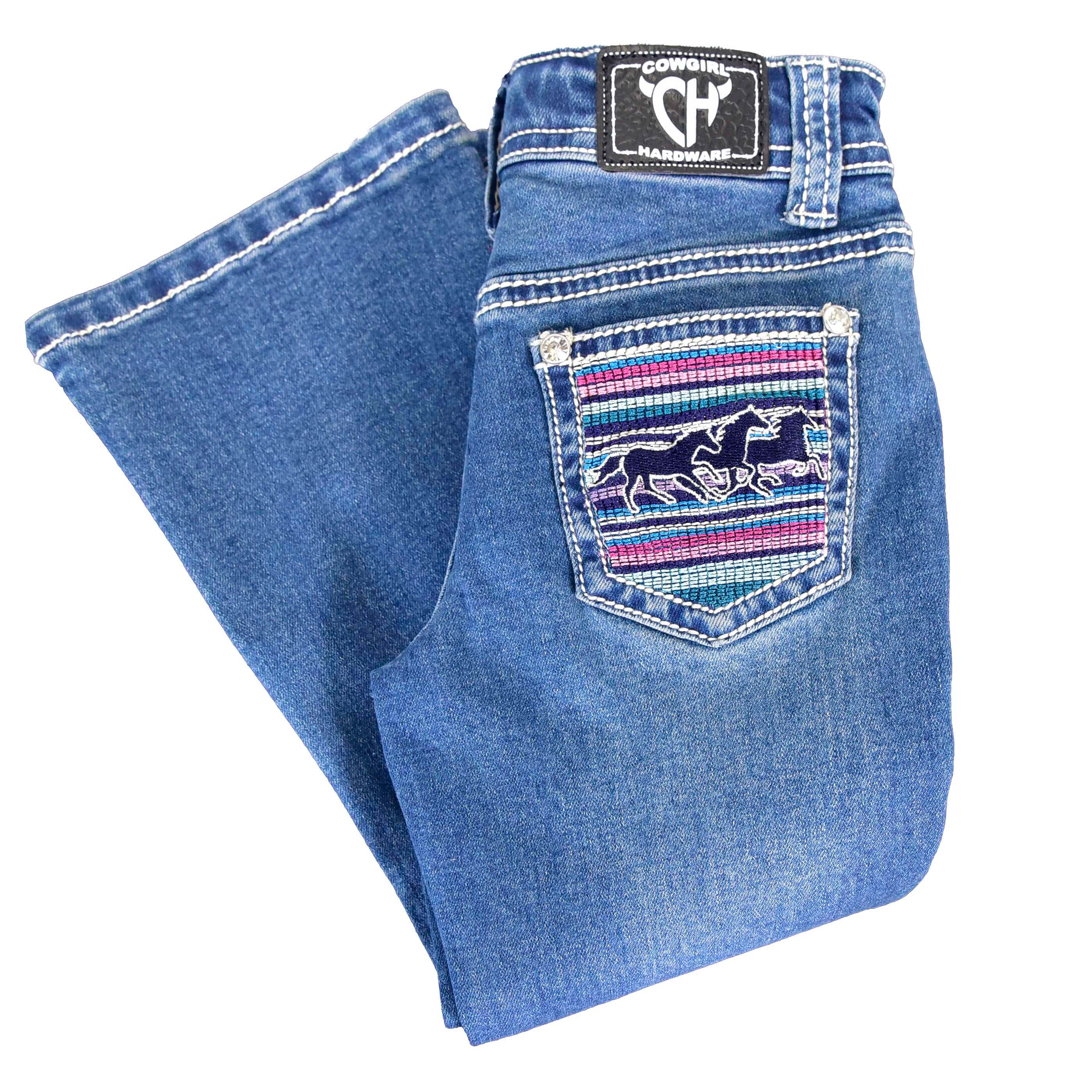 Best Medium Washed Serape Running Horse Jeans for Infant & Toddler Girls - Comfortable & Stylish for Playtime, Daycare & Family Outings