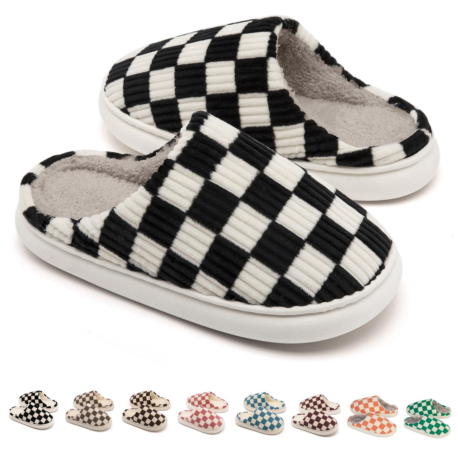 Women's & Men's Fuzzy Memory Foam House Slippers - Plush Faux Fur Lined Indoor/Outdoor Warm Checkered Scuff Slippers for Bedroom, Lounge & Winter Wear (Multiple Sizes) - Cozy Home Comfort & Gift Idea