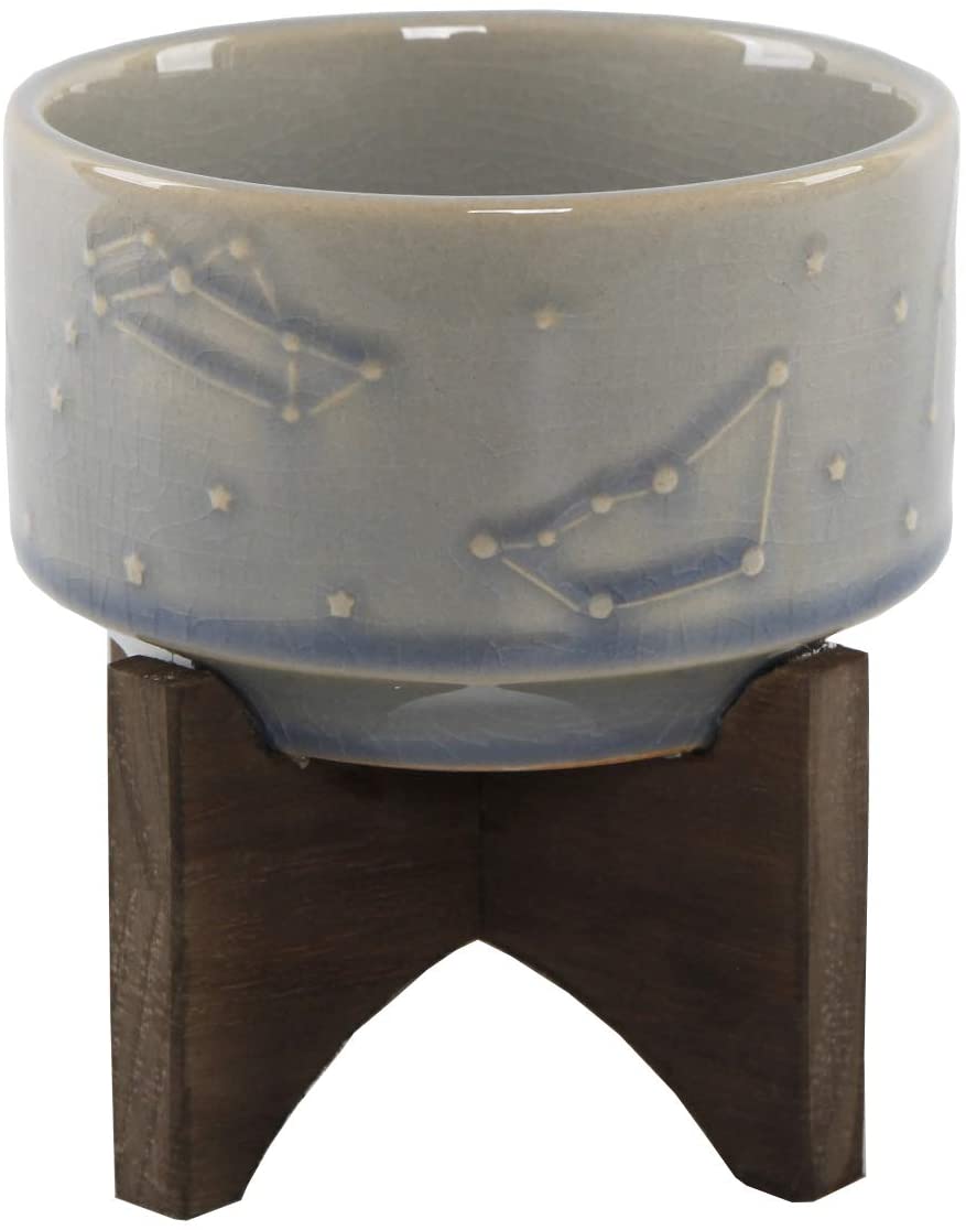 Flora Bunda 4 Inch Constellation Ceramic Planter with Wooden Stand - Mid Century Modern Blue Glass Pot for Succulents, Herbs & Small Plants | Perfect for Home Decor, Office Desk & Gift Giving