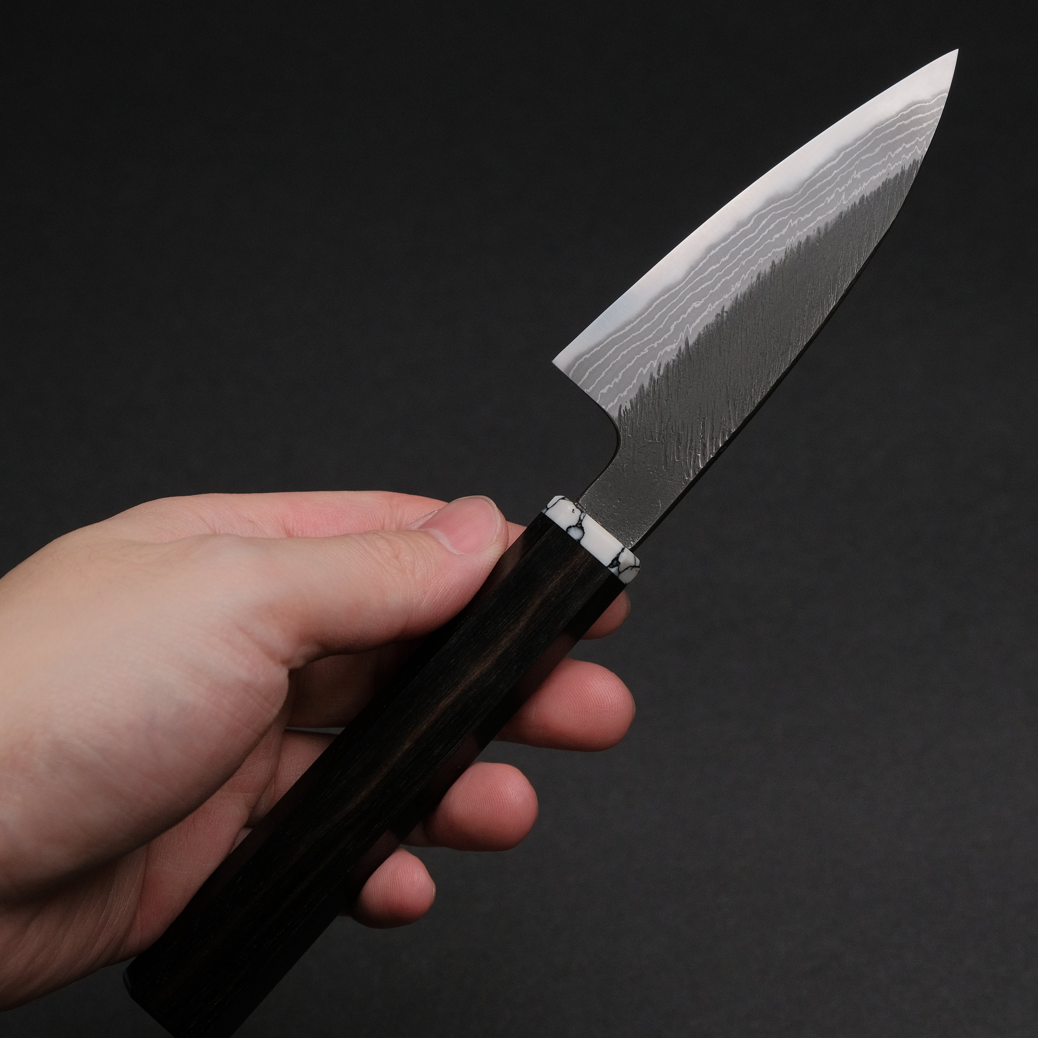 Premium Ajikataya White #2 Matsuba Damascus Petty Knife 80mm - Ebony & TQ Handle (#34) - Perfect for Slicing, Garnishing & Precision Kitchen Tasks