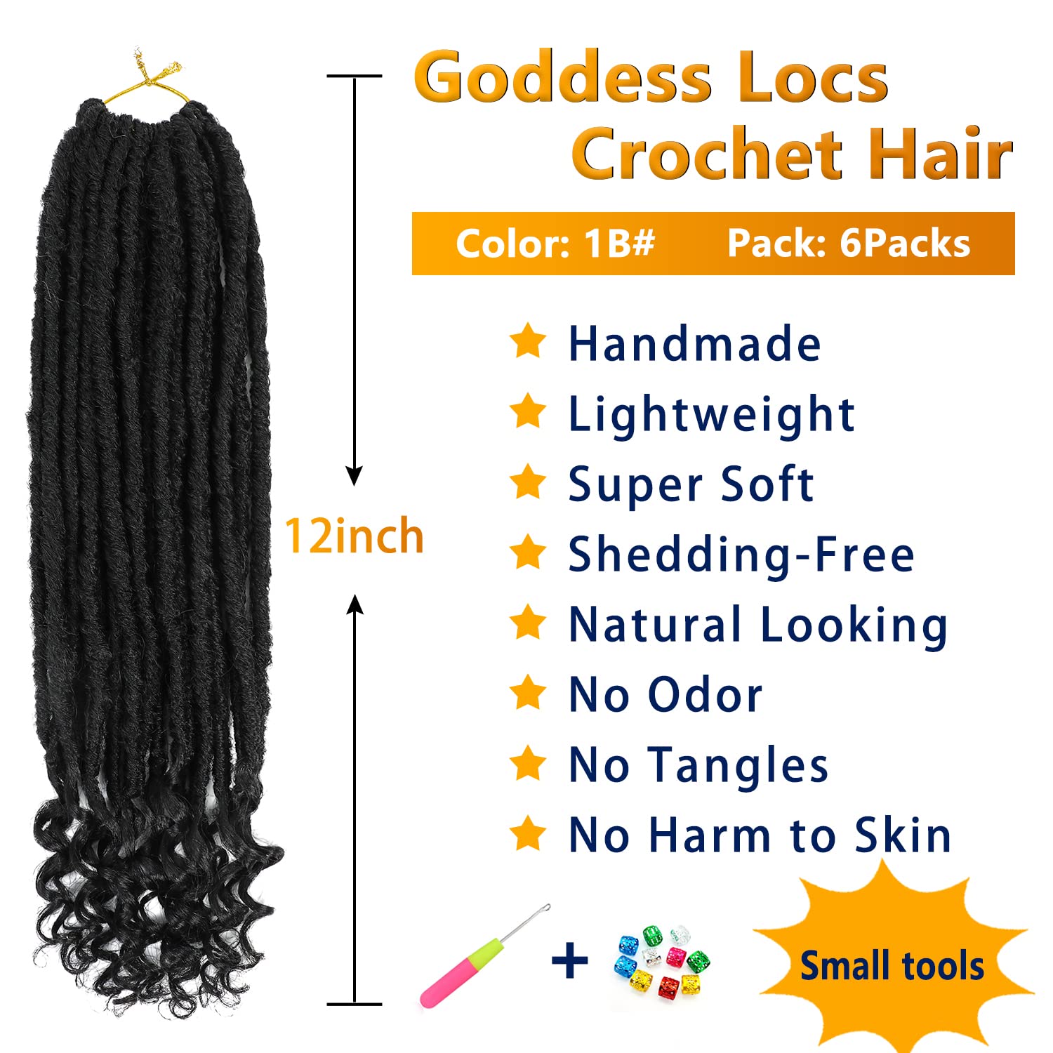 12 Inch Goddess Locs Crochet Hair - 6 Packs Straight Faux Locs for Black Women, Soft Synthetic Braiding Hair Extensions, Pre-Looped Curly Hair in 1B# for Everyday Wear, Parties, and Special Occasions