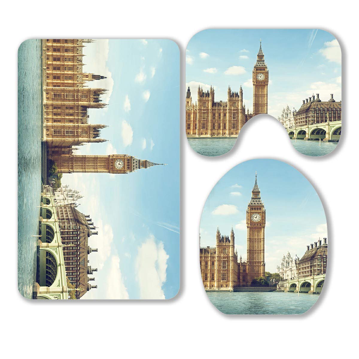 Big Ben Sunny Day London 3-Piece Bathroom Rug Set - Non-Slip Bath Mat, Contour Mat & Toilet Lid Cover - Soft Absorbent Microfiber for Bathroom Decor (UK Theme)