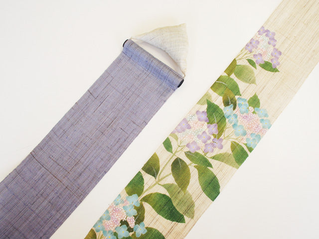 Hand-Dyed Linen Japanese Narrow Tapestry - Lacecap Hydrangea Kyoto Noren Wall Hanging Scroll | Traditional Home Decor, Room Divider & Window Covering