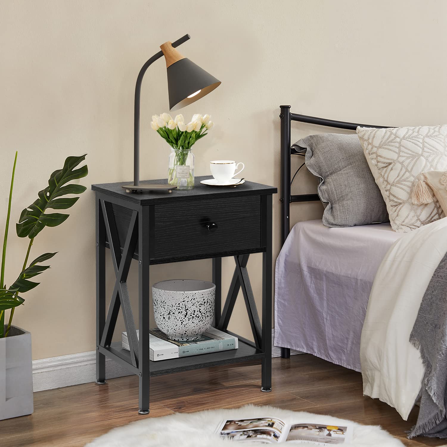 VECELO Modern Nightstand with Drawer & Storage Shelf - Black End Table for Bedroom, Living Room, Office & Lounge - Perfect for Small Spaces & Apartment Decor