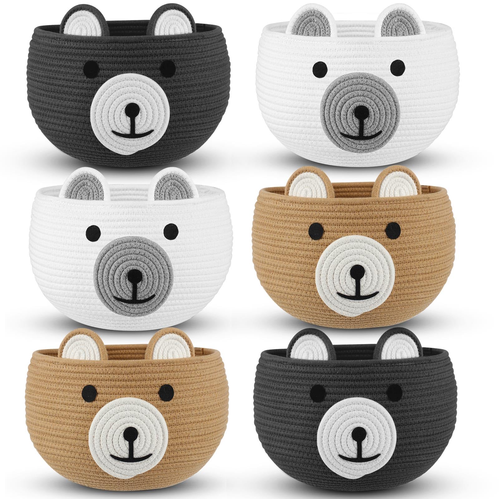 Cute Bear Toy Storage Basket Set of 6 - 10.5 x 8.5 Inch Round Cotton Rope Nursery Organizer, Woven Wicker Hamper for Toys, Blankets & Towels (White, Khaki, Dark Gray) - Perfect for Kids' Room, Playroom & Baby Shower Gifts