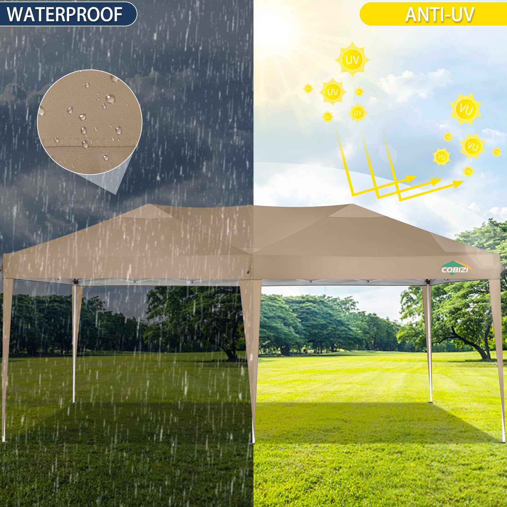 COBIZI 10x20 Pop Up Canopy Tent with 6 Sidewalls - Waterproof Outdoor Event Shelter, Instant Gazebo Sun Shade for Parties, Beach, Camping & Commercial Use | Portable 10'x20' Khaki Canopy for Backyard, Tailgating & Farmers Markets