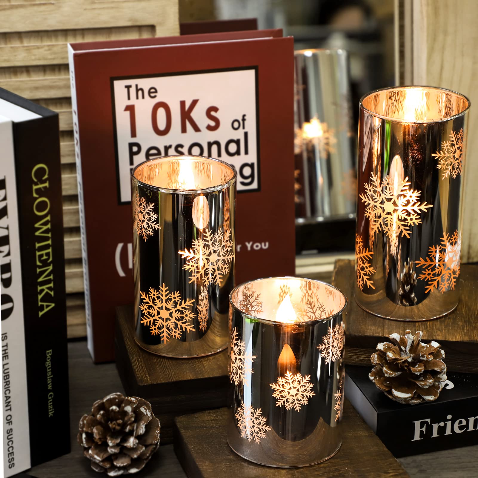 Snowflake LED Flameless Candles with Remote & Timer - Battery Operated Electroplated Glass Candles - Christmas LED Flickering Candles for Home Decor, Bedroom, Party, Wedding - Perfect for Holidays, Romantic Dinners & Cozy Ambiance