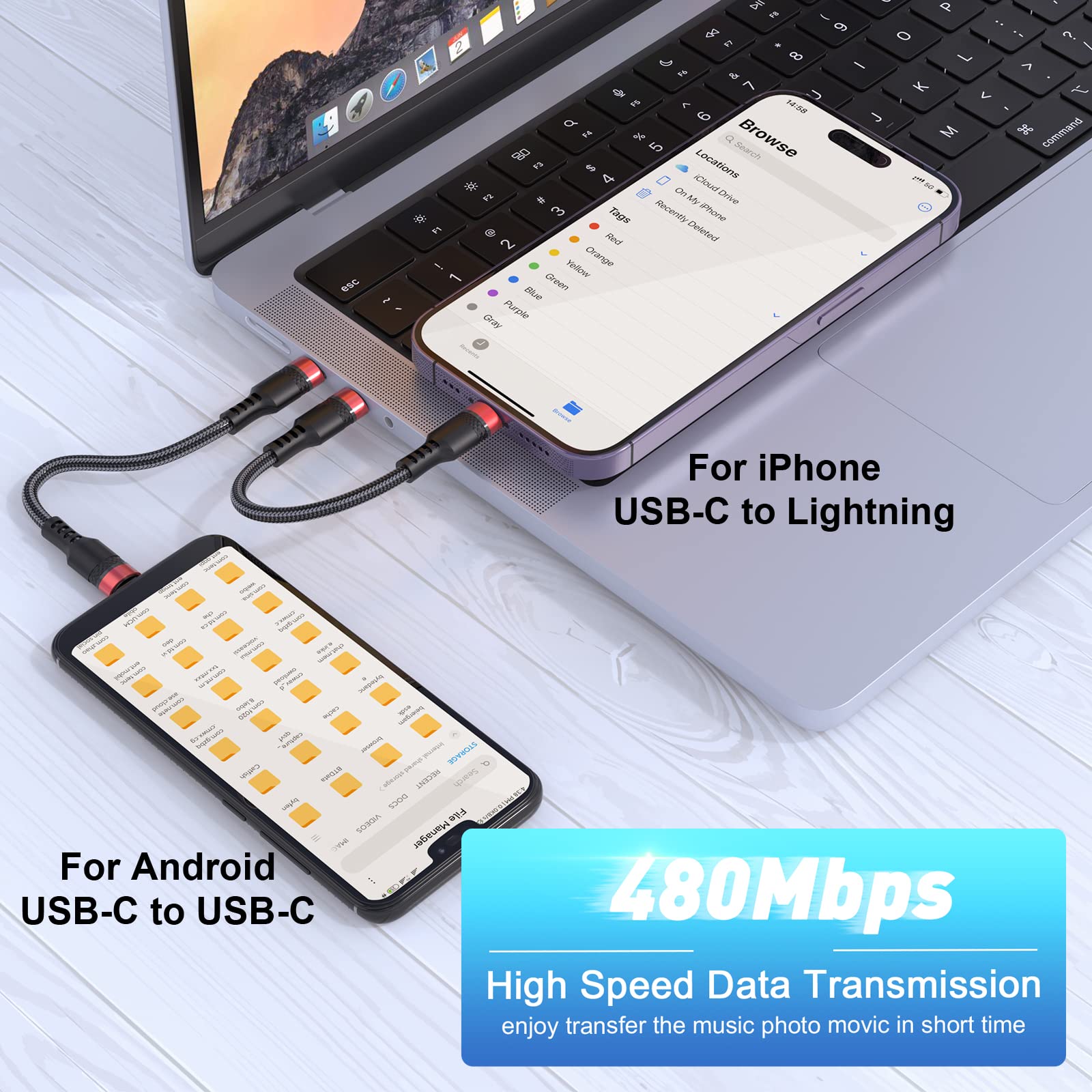 MFi Certified USB C to Lightning & USB C Cable 2Pack - Fast Charging for iPhone Samsung - Home & Travel Use