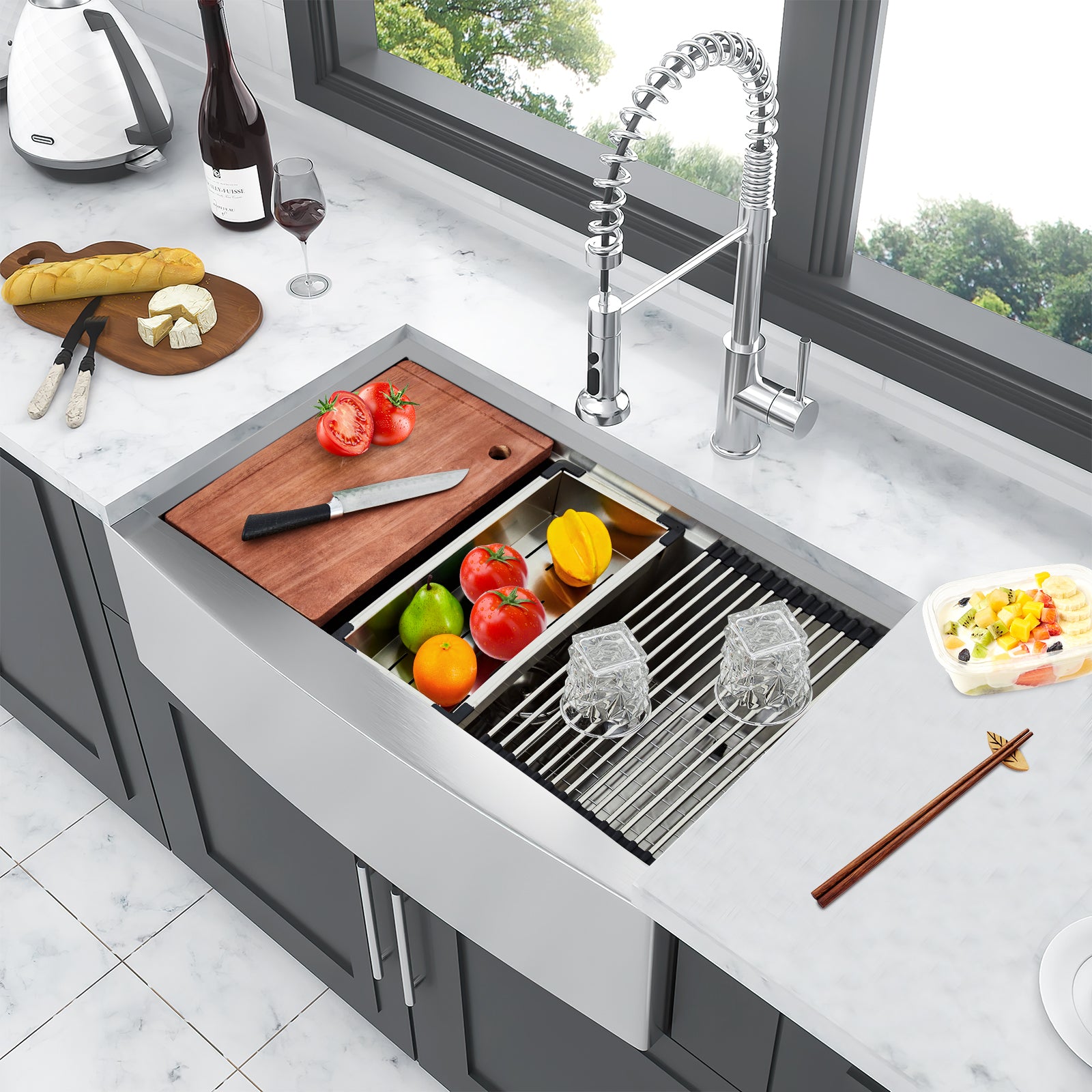 GARVEE 33 Inch Farmhouse Kitchen Sink - 33x22 Stainless Steel Apron Front Single Bowl Sink with Accessories | 16 Gauge Deep Basin for Modern Farmhouse, Rustic & Country Style Kitchens | Perfect for Food Prep, Washing Large Pots & Entertaining