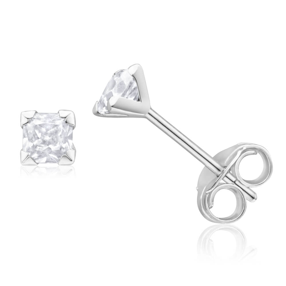 9ct White Gold 3mm Princess Cut Cubic Zirconia Stud Earrings for Women - Elegant & Hypoallergenic Jewelry Gift for Anniversary, Birthday & Special Occasions