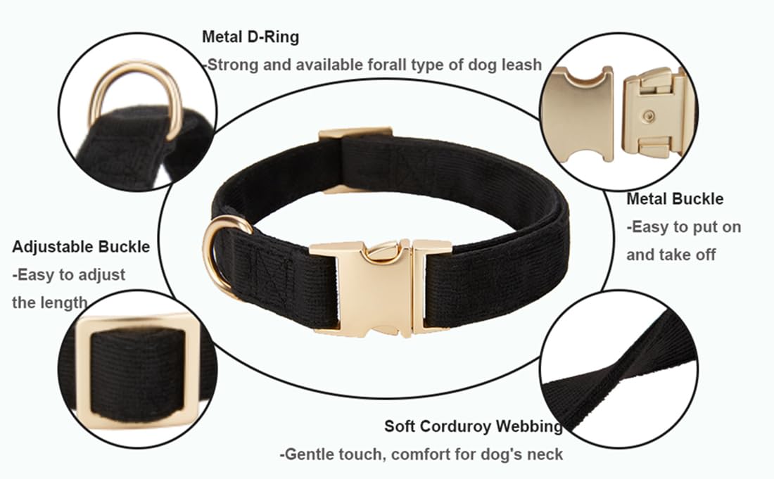 Premium Soft Cotton Dog Collar with Heavy-Duty Metal Buckle - Adjustable Comfy Corduroy Pet Collar for Small, Medium & Large Dogs (Black, Large) - Perfect for Daily Walks, Training & Outdoor Adventures