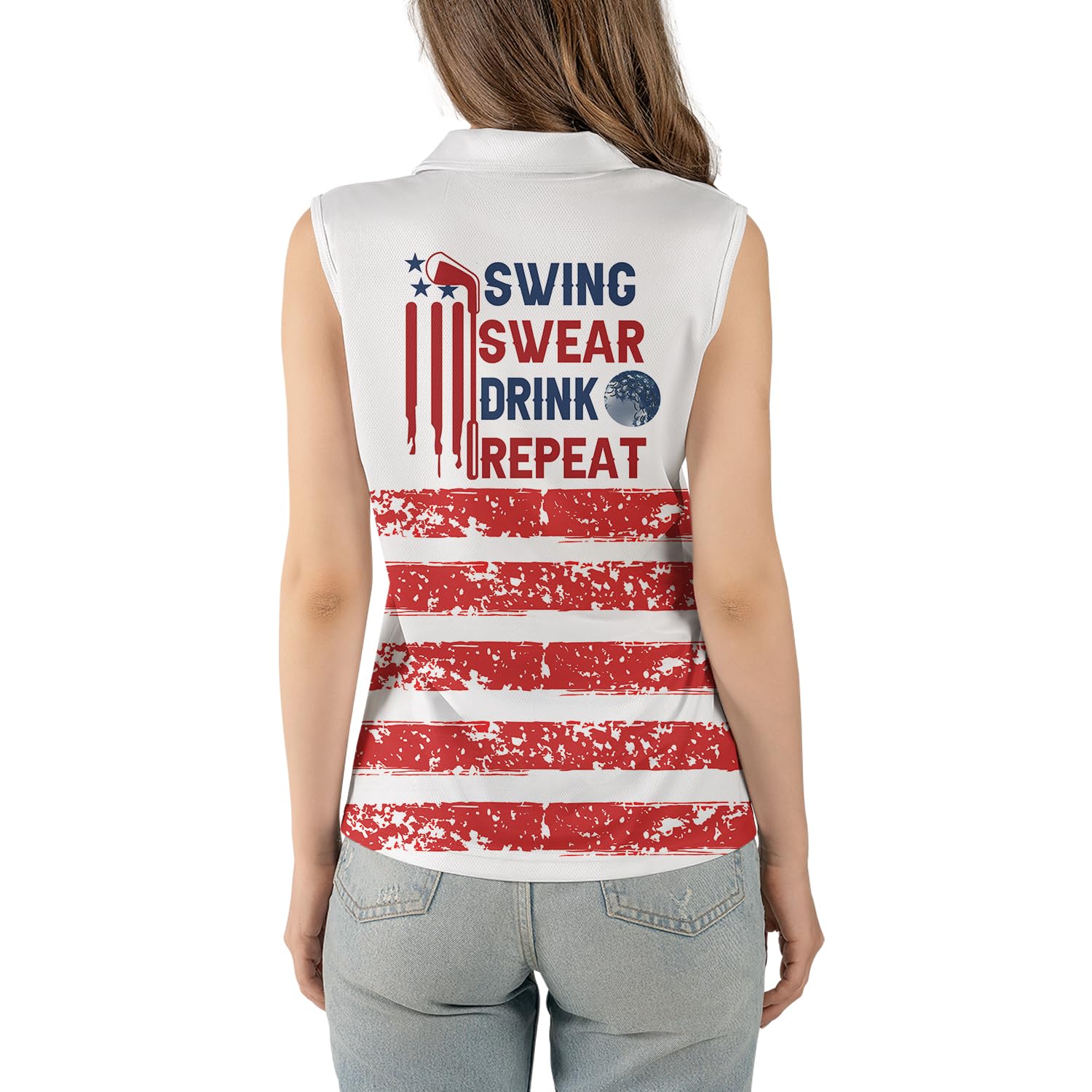 Women's Sleeveless Golf Polo Shirts - Breathable Moisture-Wicking Athletic Top for Golf & Summer Sports | Swing Swear Drink Repeat Design | Perfect for 4th of July, Casual Wear & Outdoor Activities