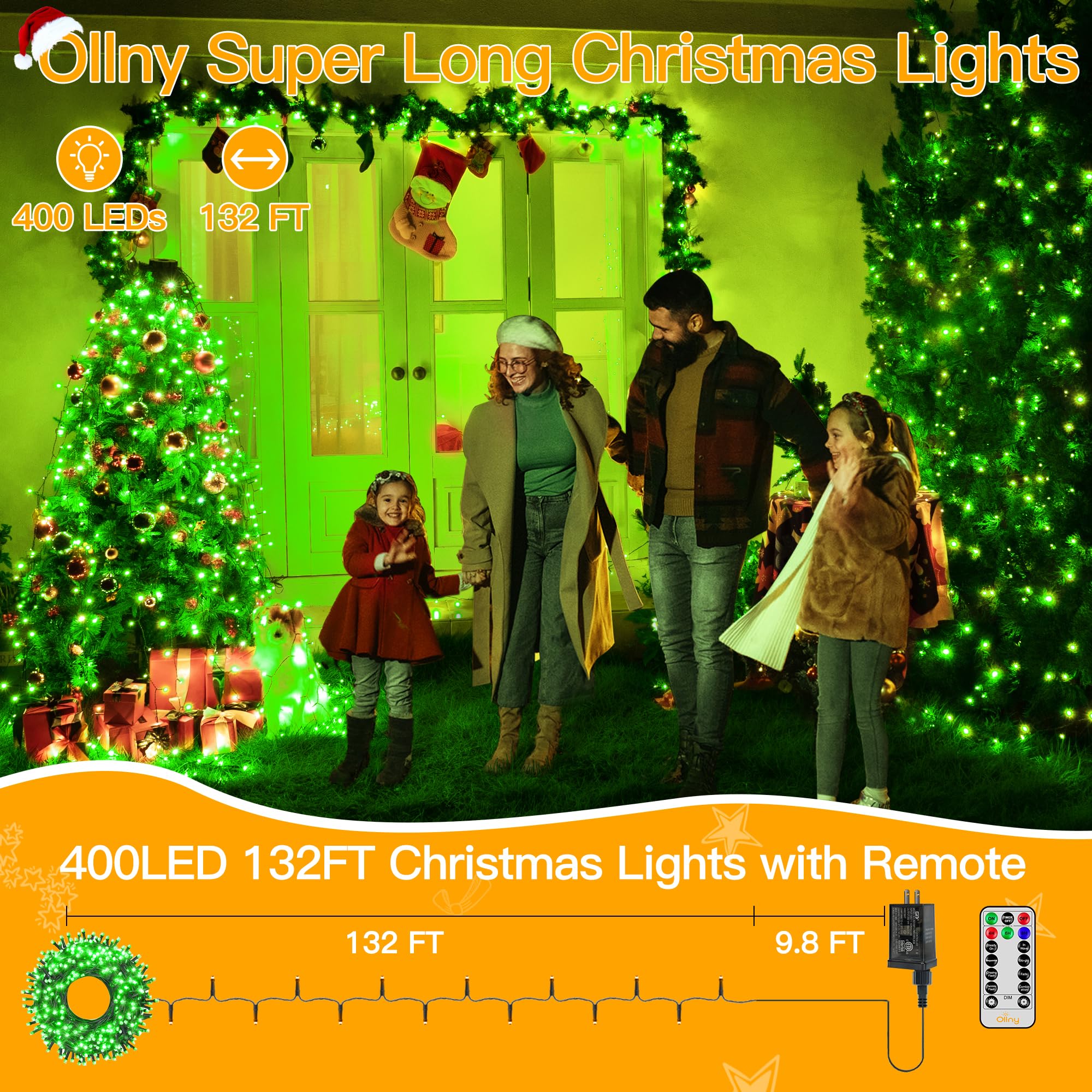 Ollny 400LED 132FT Christmas Tree Lights with Remote - 8 Lighting Modes & Timer, Waterproof Outdoor/Indoor Holiday Decor for Xmas, Thanksgiving, Home, Yard, and Party Decorations