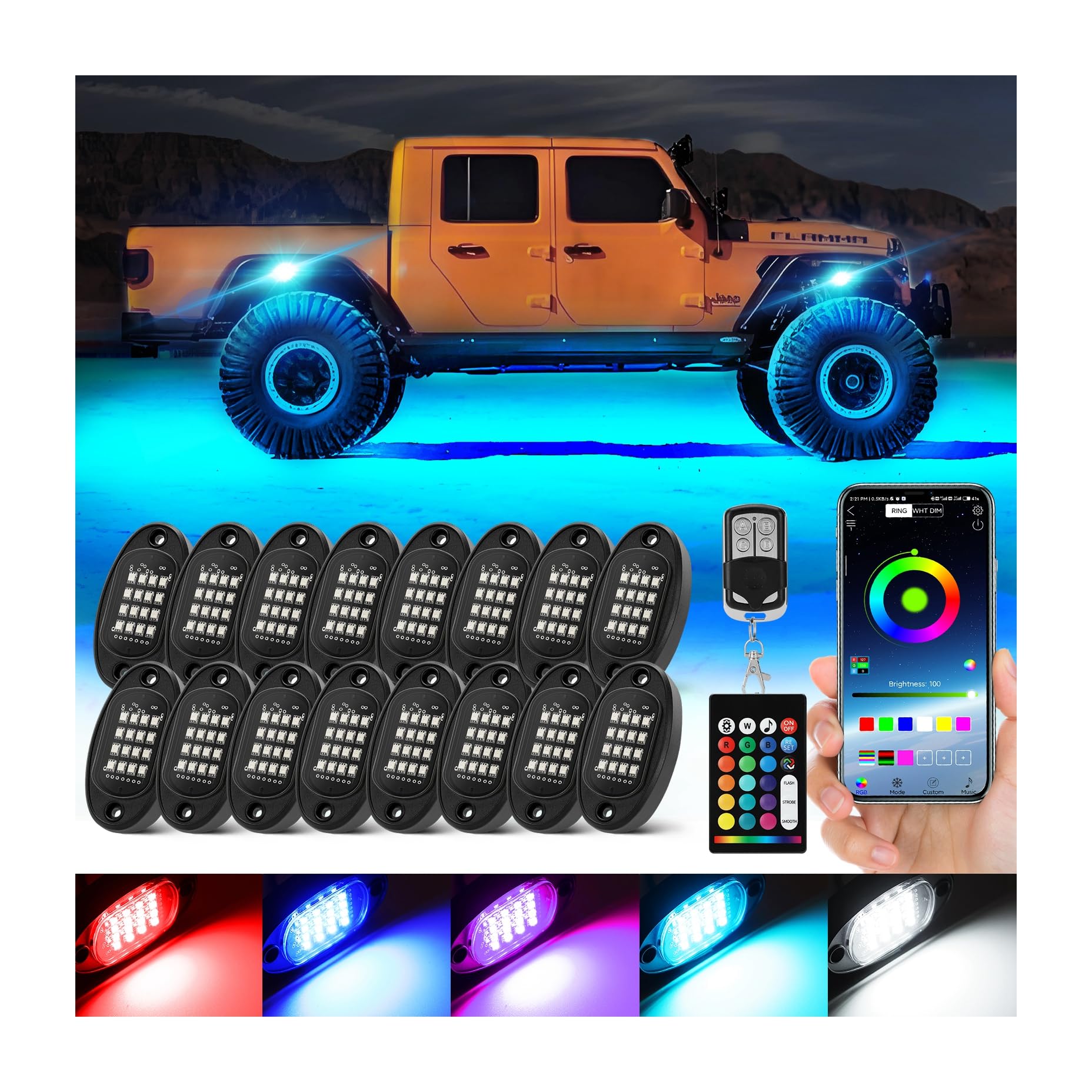 16 Pods RGB LED Rock Lights for Semi Trucks, Offroad Pickup, Trailer & Sedan - APP/RF Controlled Multicolor Underglow Lighting Kit, 12V Waterproof Vehicle Neon Lights for Off-Roading, Car Shows & Night Cruising