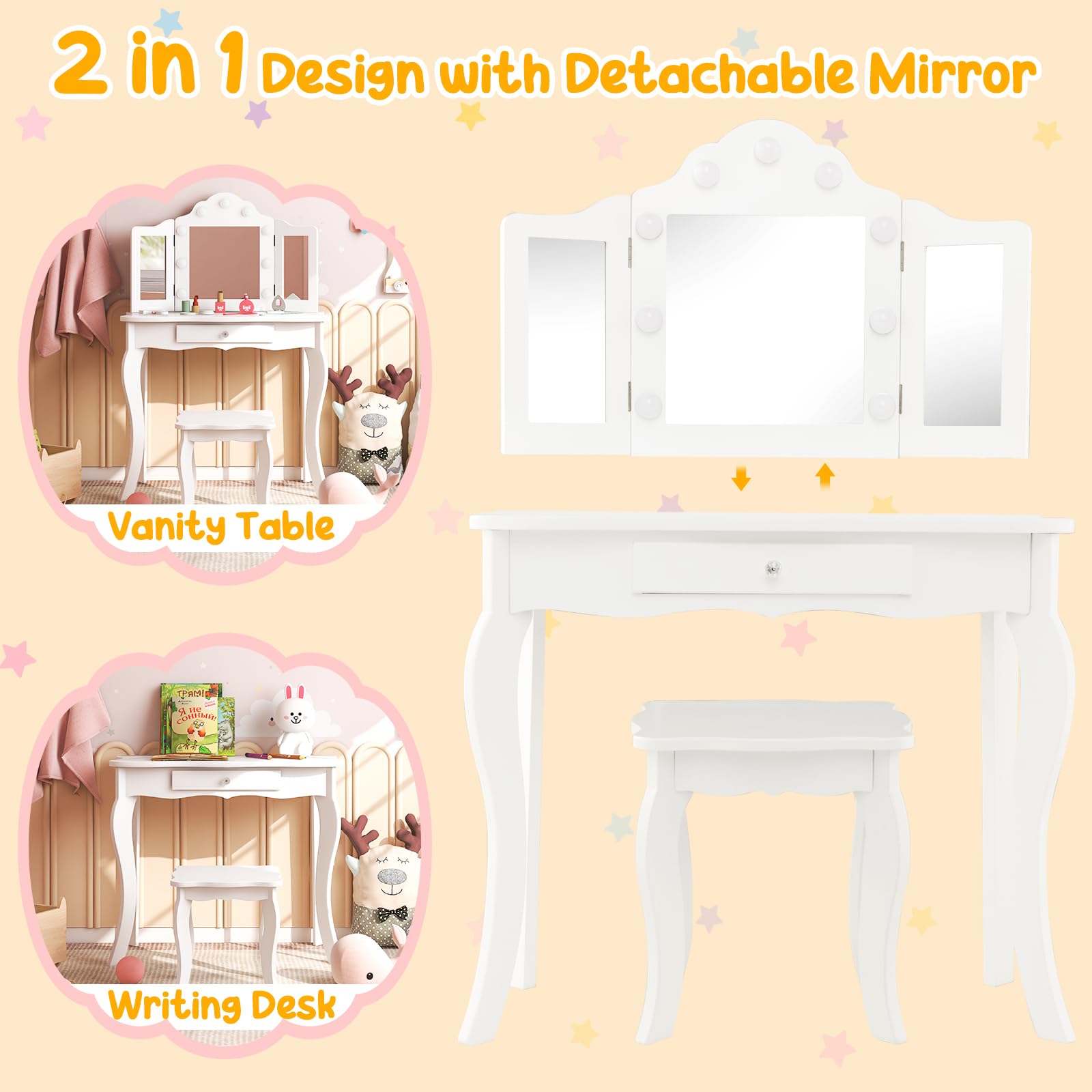 Costzon Kids Vanity Set with Mirror, Stool & LED Lights - 2-in-1 Wooden Princess Makeup Dressing Table with Drawers - White Toddler Vanity Desk for Girls Pretend Play (Perfect for Bedroom Playroom & Birthday Gifts)