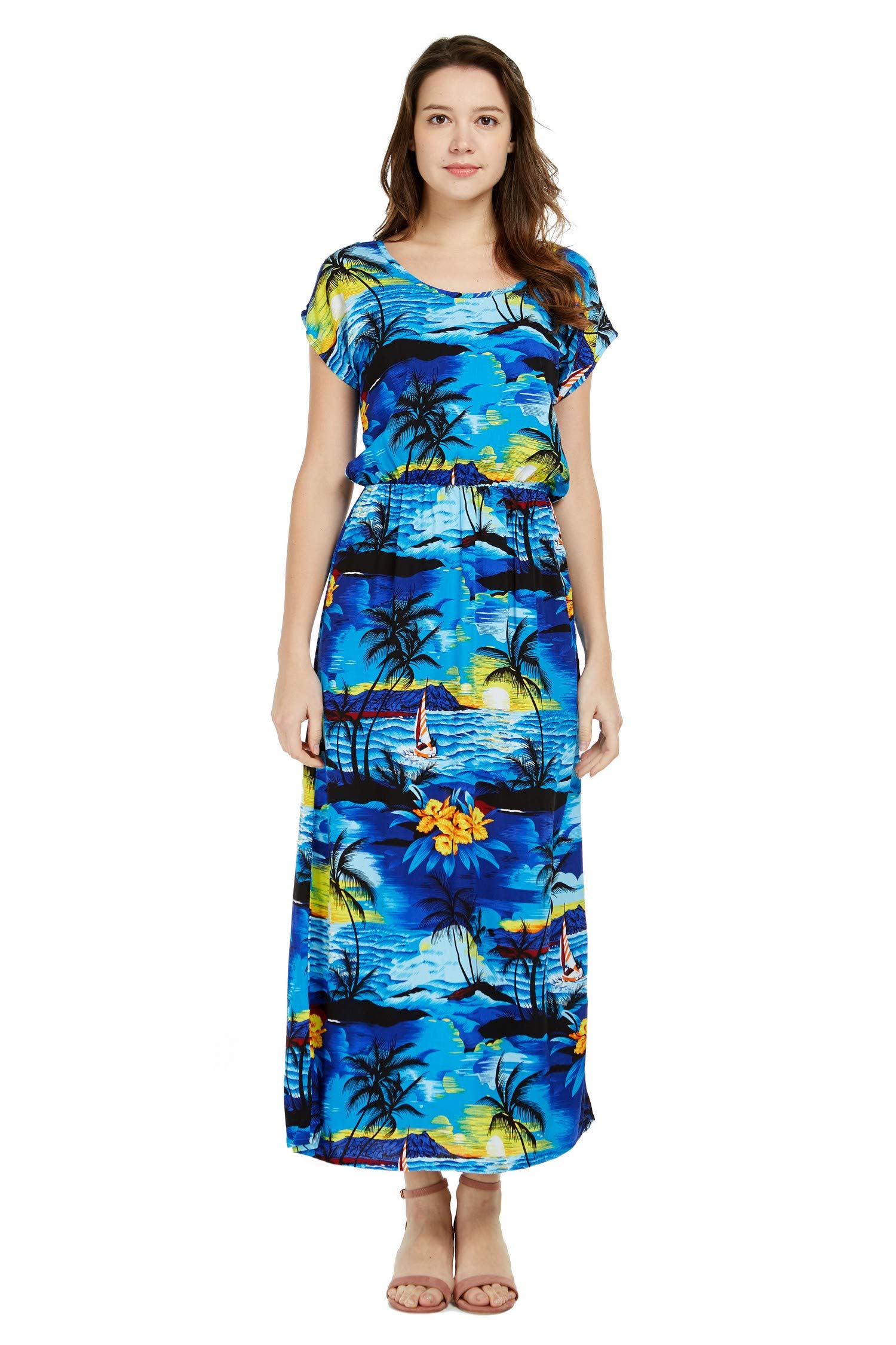 Women's Hawaiian Luau Cap Sleeve Maxi Dress - Floral Print Beach Sunset Design | Perfect for Summer Vacations, Beach Parties & Tropical Getaways
