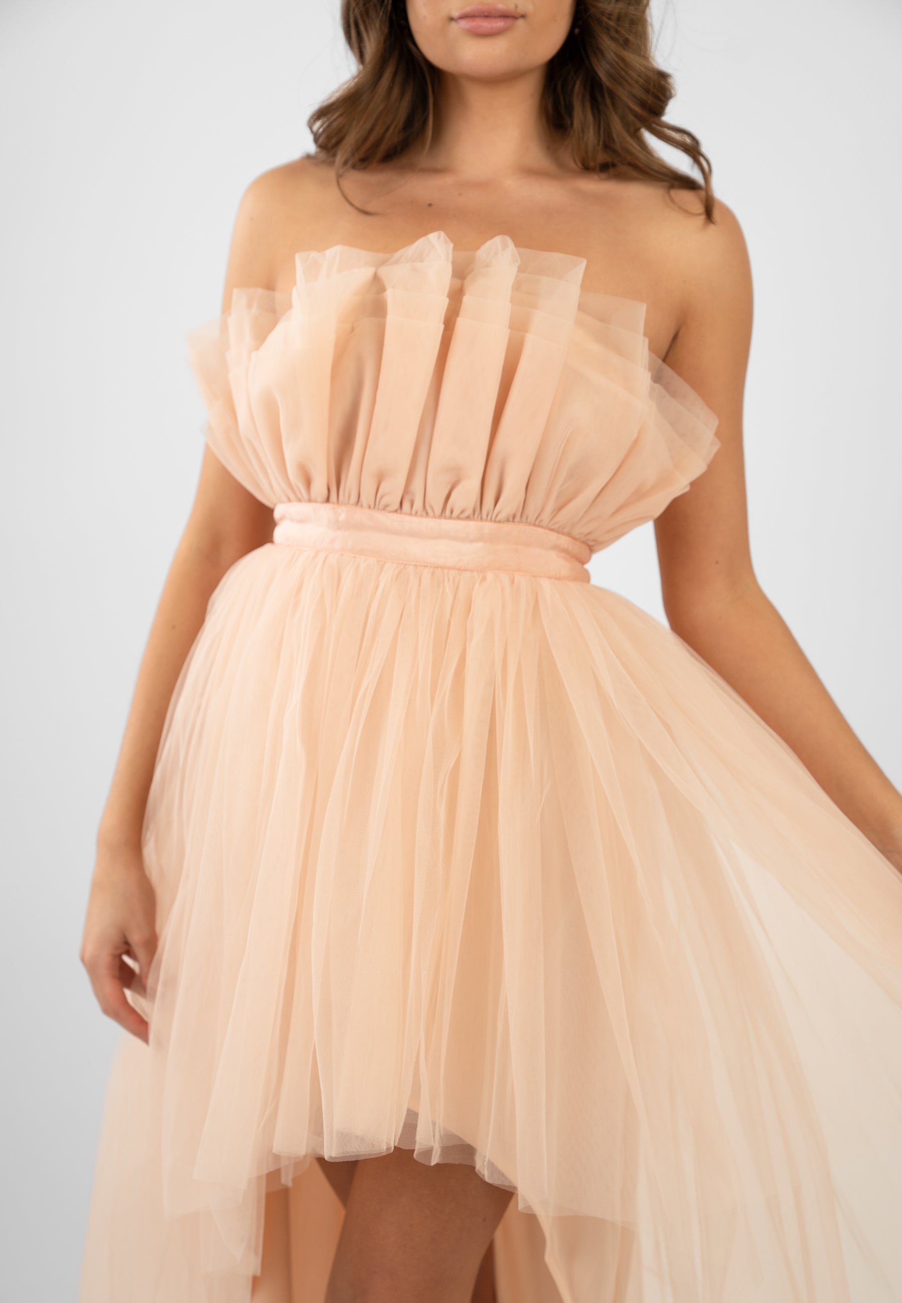 Elegant Nidha High Low Tulle Dress in Nude - Perfect for Prom, Wedding, and Special Occasions