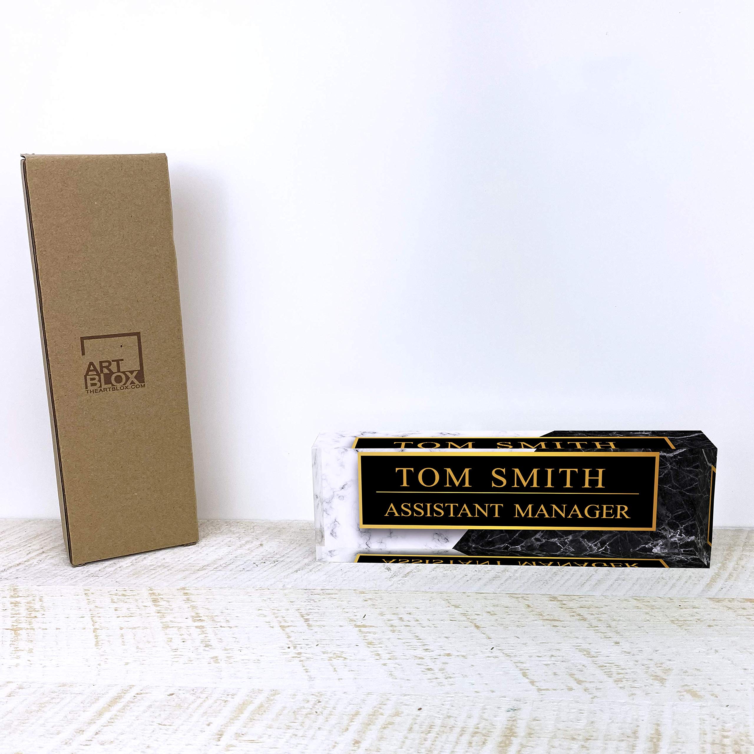 Personalized Black & White Marble Acrylic Office Desk Name Plate - Custom Engraved Name Sign for Desk Decor (8