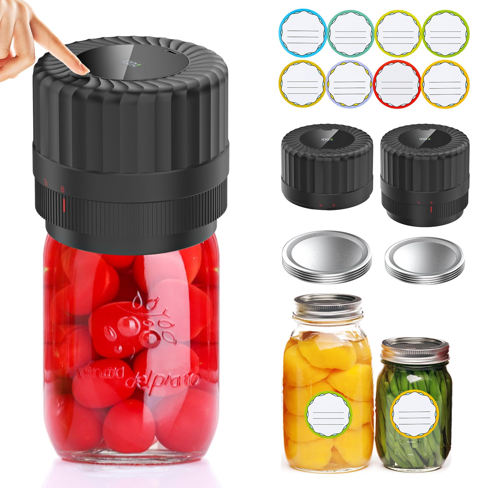 Electric Mason Jar Vacuum Sealer Kit - Cordless Food Preservation System for Wide & Regular Mouth Jars with 8 Lids & LED Display | Perfect for Meal Prep, Canning, Sous Vide & Long-Term Food Storage
