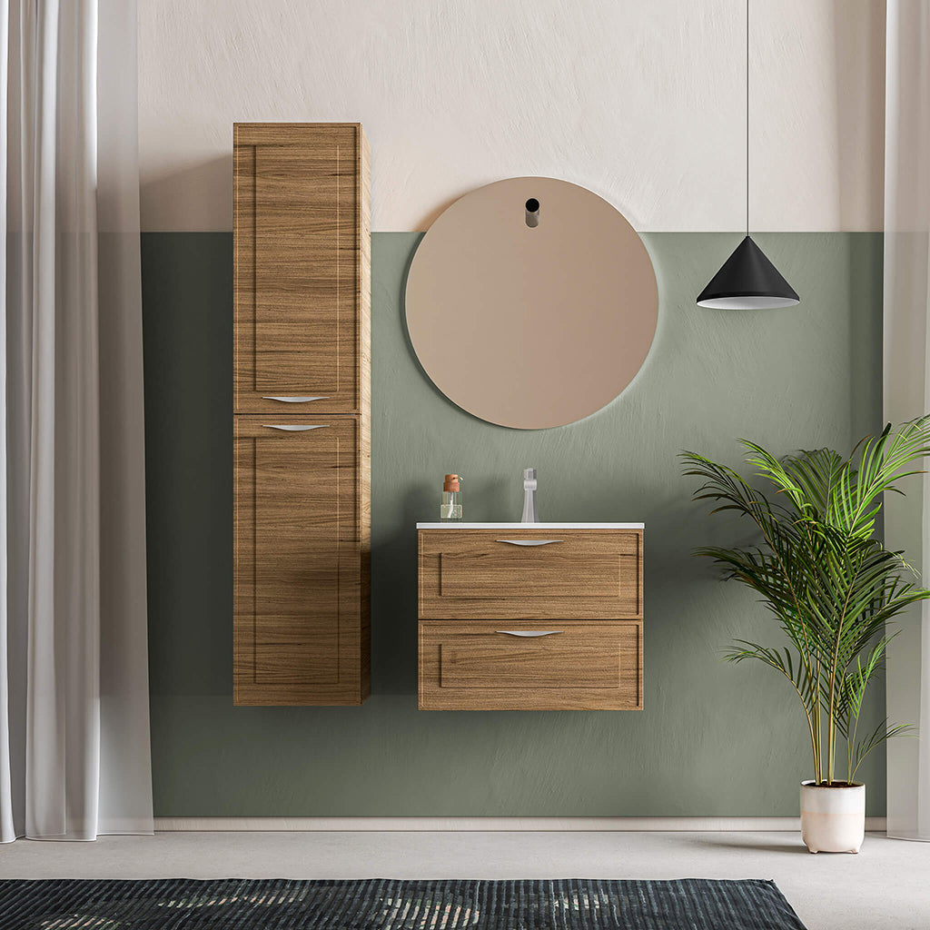 Deville 2 Drawers Wall Mount Bathroom Vanity - 24 Inch Solid Surface Matte White MDF Cabinet with Light Wood & Brushed Gold Accents (No Faucet Hole) - Perfect for Small Bathrooms, Powder Rooms & Modern Home Decor