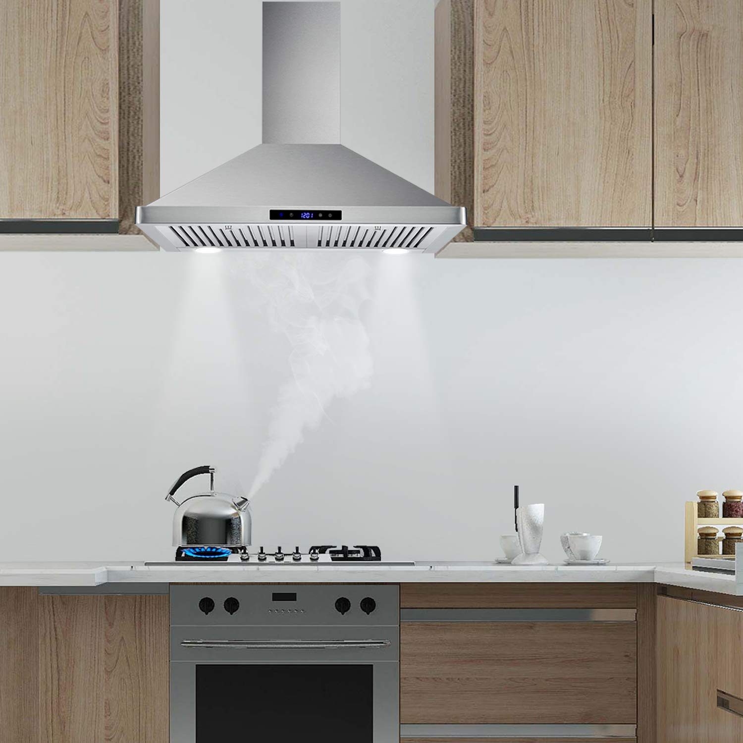 30 Inch Stainless Steel Wall Mount Range Hood - 700 CFM Convertible Ducted/Ductless Kitchen Exhaust Fan with Touch Control, 3 Speed Settings & LED Lights | Permanent Filters for Easy Maintenance | Perfect for Modern Kitchens, Apartments & Open Concept Homes