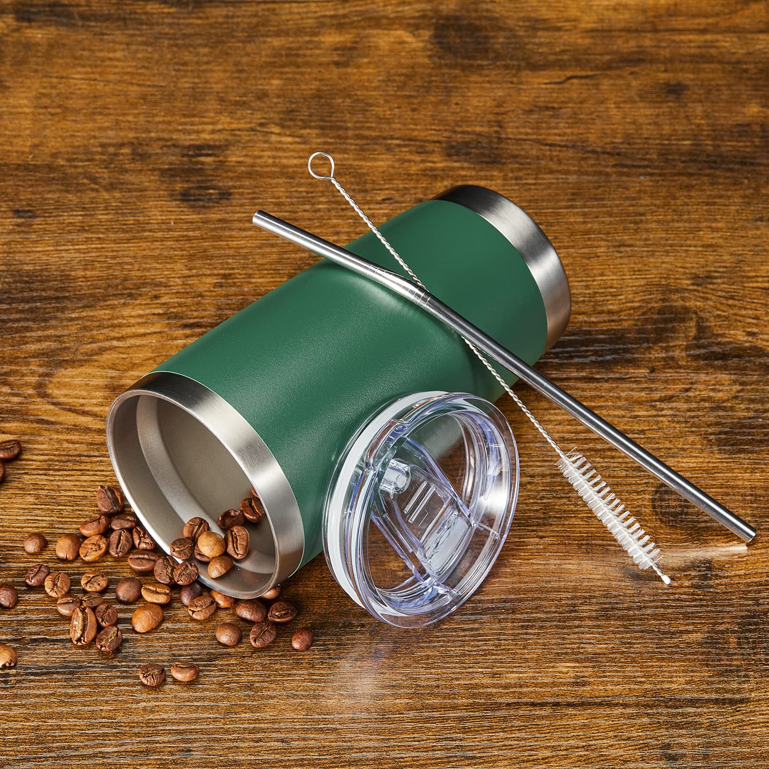 COMOOO 20oz Stainless Steel Double Wall Vacuum Insulated Tumbler - 8 Pack Bulk Coffee Travel Mug with Lid & Straw for Hot & Cold Drinks (Dark Green) - Perfect for Office, Gym, Camping & Road Trips