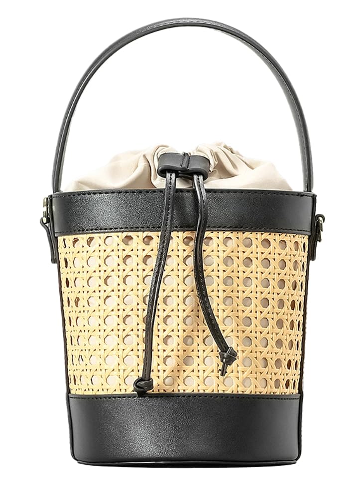 Stylish Woven Rattan Bucket Bag for Women - Perforated PU Leather Summer Handbag with Top Handle & Drawstring Closure | Perfect for Beach, Shopping, and Casual Outings