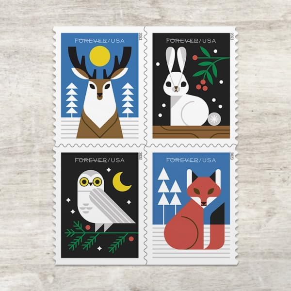 Winter Woodland 2023 Forever Postage Stamps - Book of 20 Self-Adhesive USPS First Class Stamps for Envelopes & Cards (GBFV100, Floral Design) - Perfect for Holiday Greetings, Wedding Invitations & Collectors