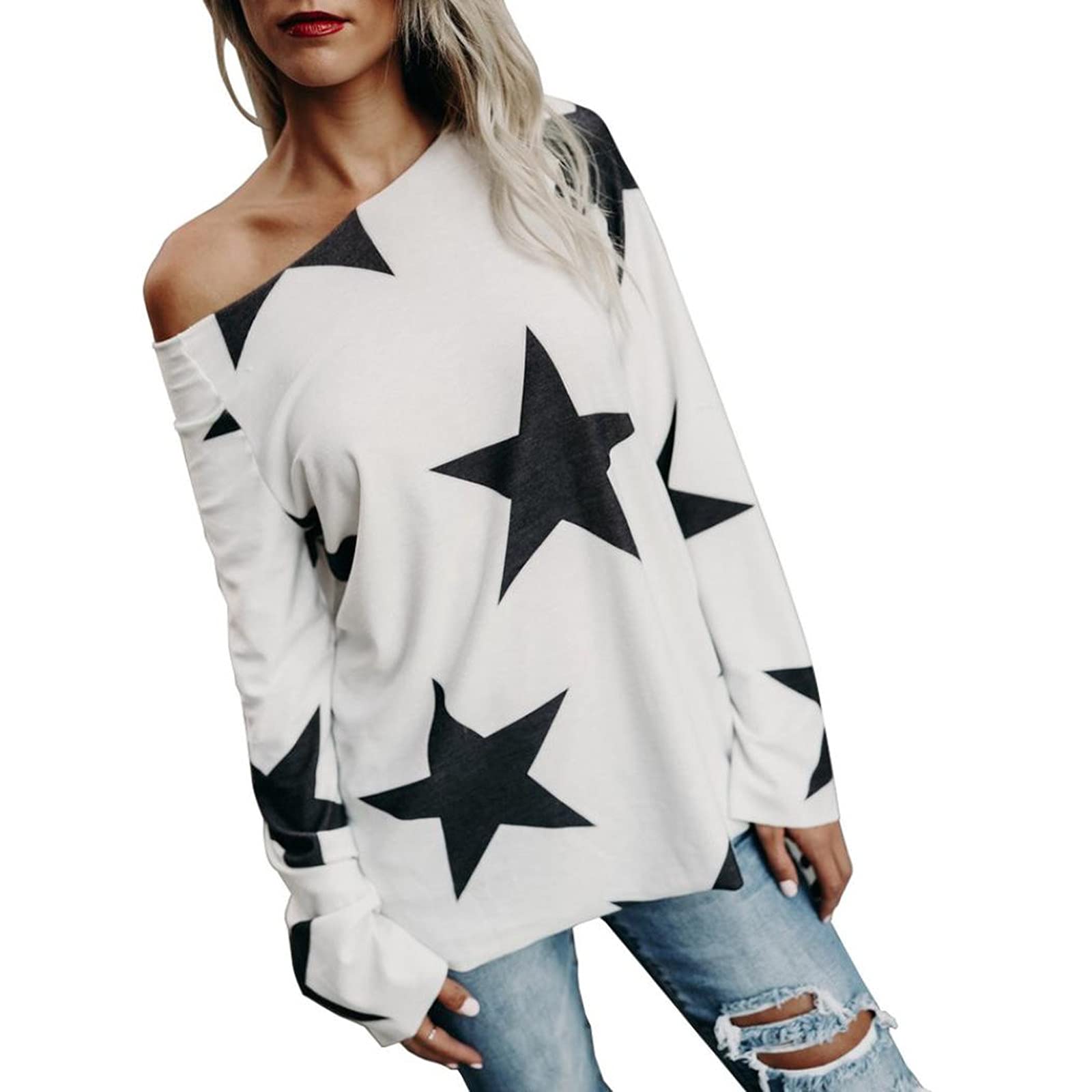 Women's Long Sleeve Strapless Pullover Sweatshirt - Star Print Crop Top Blouse for Casual Wear & Street Fashion