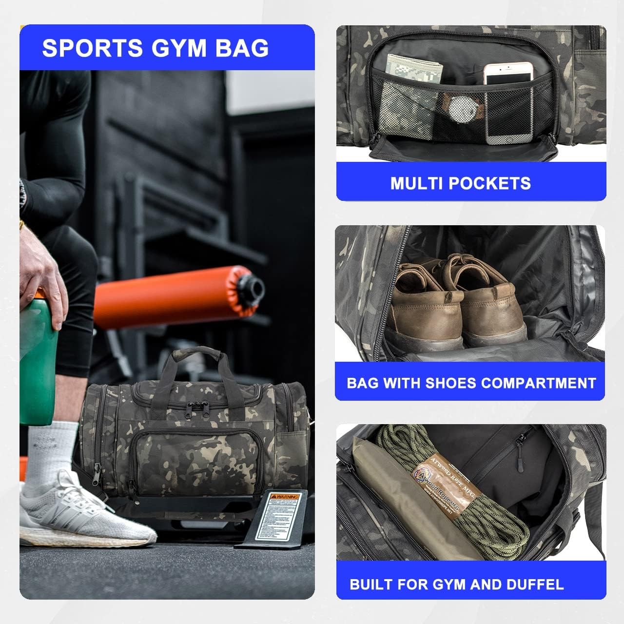 Miramrax Gym Duffle Bag for Men & Women - Large Sports Travel Bag with Shoe Compartment - Water-Resistant Carry On for Workout, Military Tactical, Weekend & Overnight Trips - Perfect for Gym, Travel & Outdoor Activities (Black Camo)