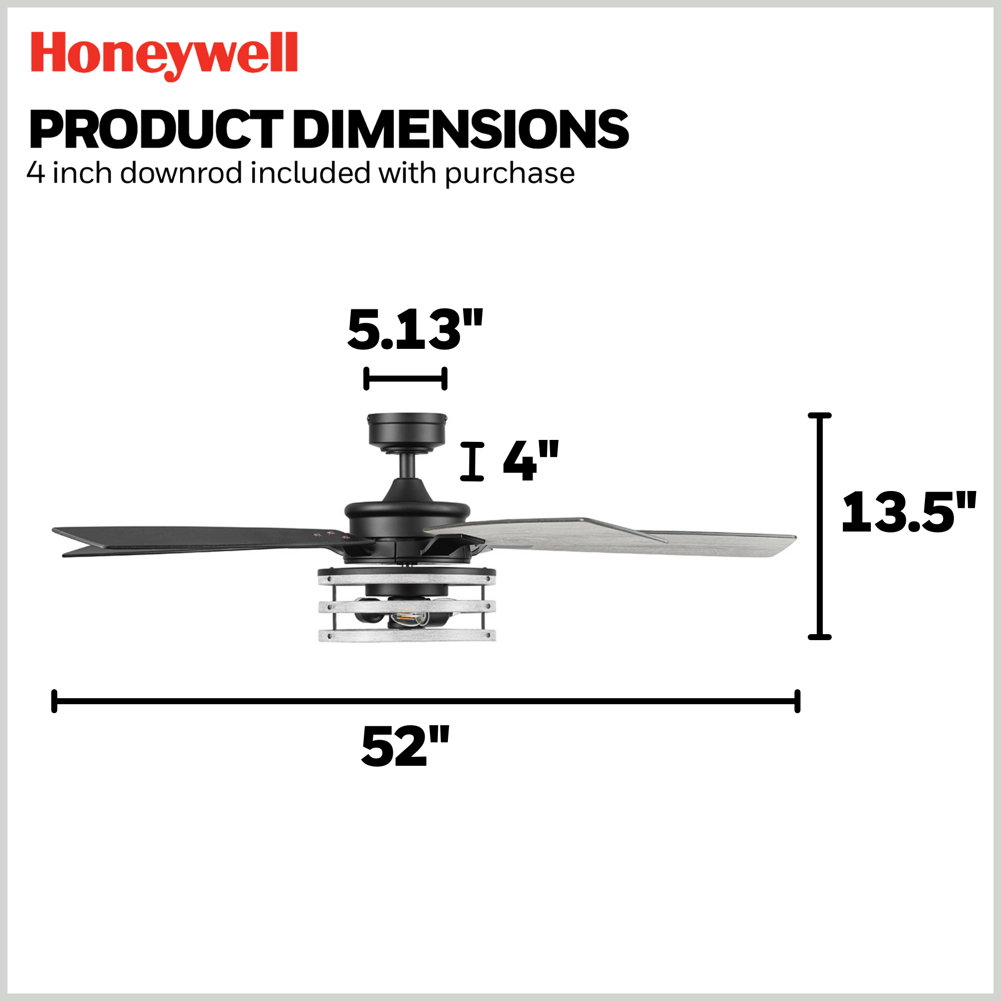 52 Inch Honeywell Carnegie Matte Black/Gray Ceiling Fan with Light Kit and Remote Control - Perfect for Living Room, Bedroom, and Outdoor Covered Patio