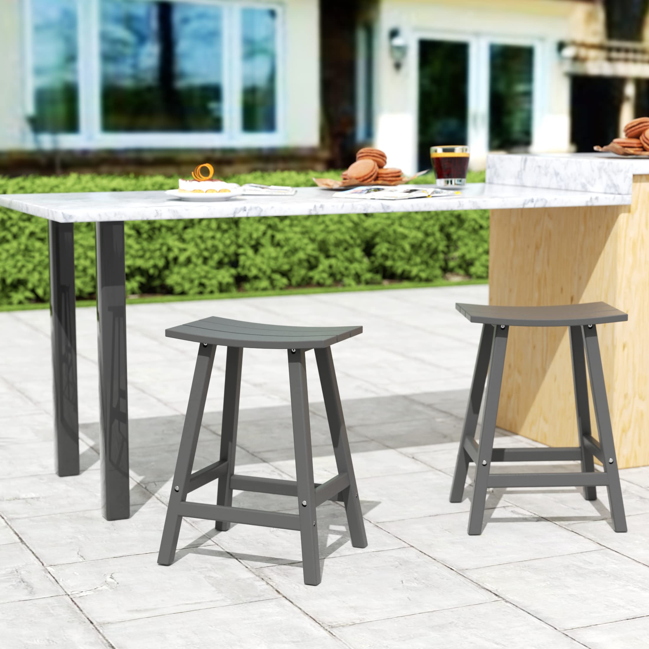 WestinTrends Malibu 2-Piece 29-Inch Outdoor Bar Stools Set - Patio Saddle Stools in Gray for Backyard, Deck & Poolside Dining