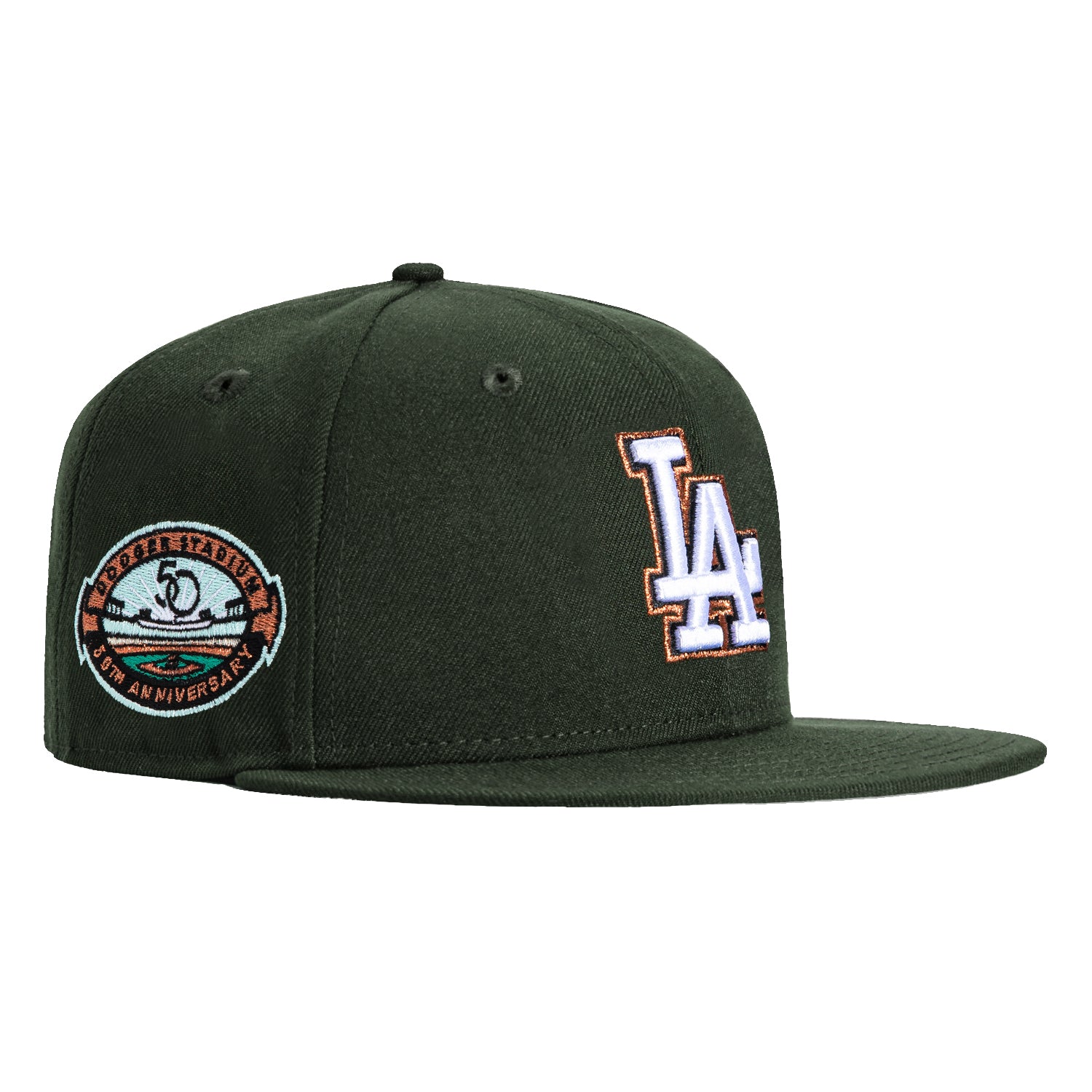 New Era 59Fifty Los Angeles Dodgers 50th Anniversary Stadium Patch Snapback Hat - Green, White & Metallic Copper - Perfect for Baseball Games, Fan Collections and Streetwear Fashion