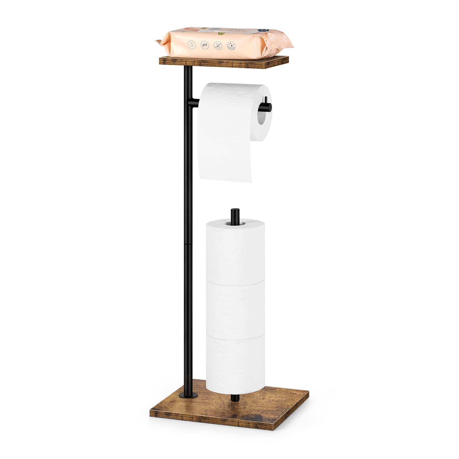 Free-Standing Toilet Paper Holder Stand with Shelf - Rustic Brown Bathroom Tissue Roll Dispenser for Farmhouse & Modern Decor | Perfect for Bathroom, Vanity, and Guest Toilet Organization