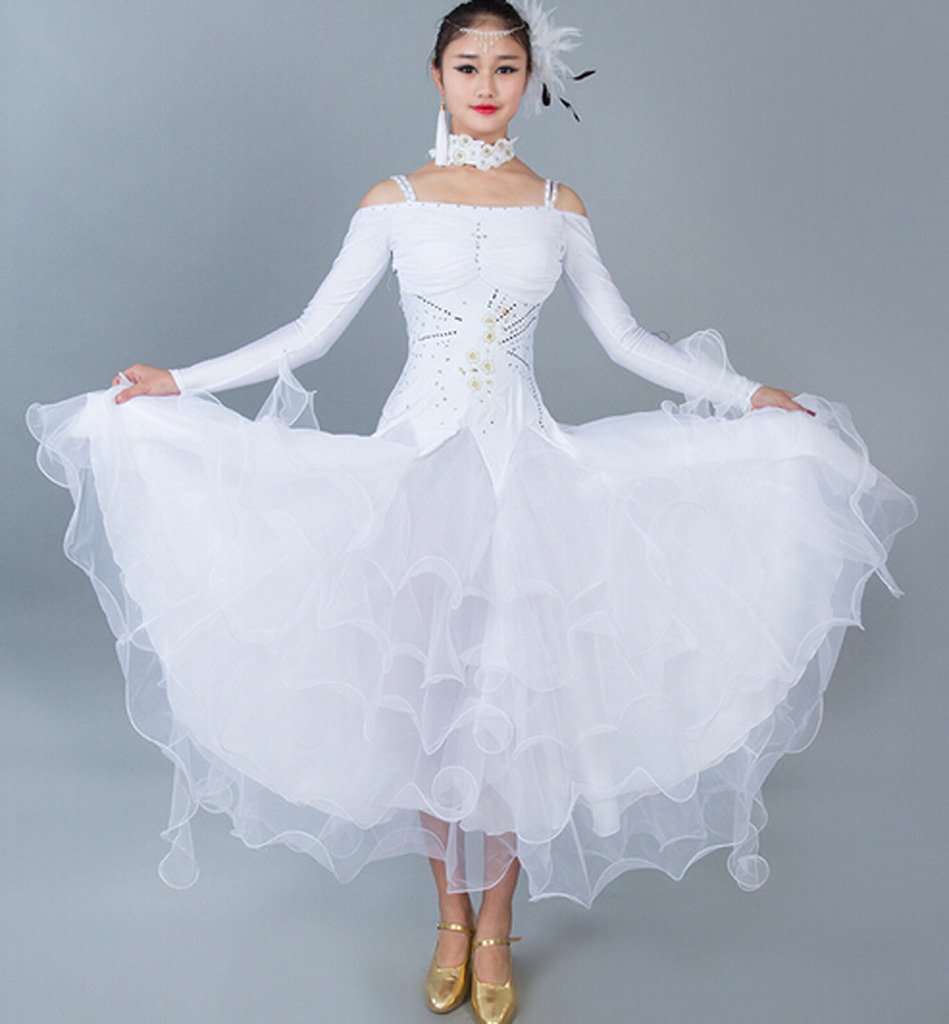 Elegant Women's Ballroom Dance Dress for Waltz, Tango & Smooth - Standard Competition Gown (White, Medium) | Perfect for Dance Competitions, Performances & Social Dancing