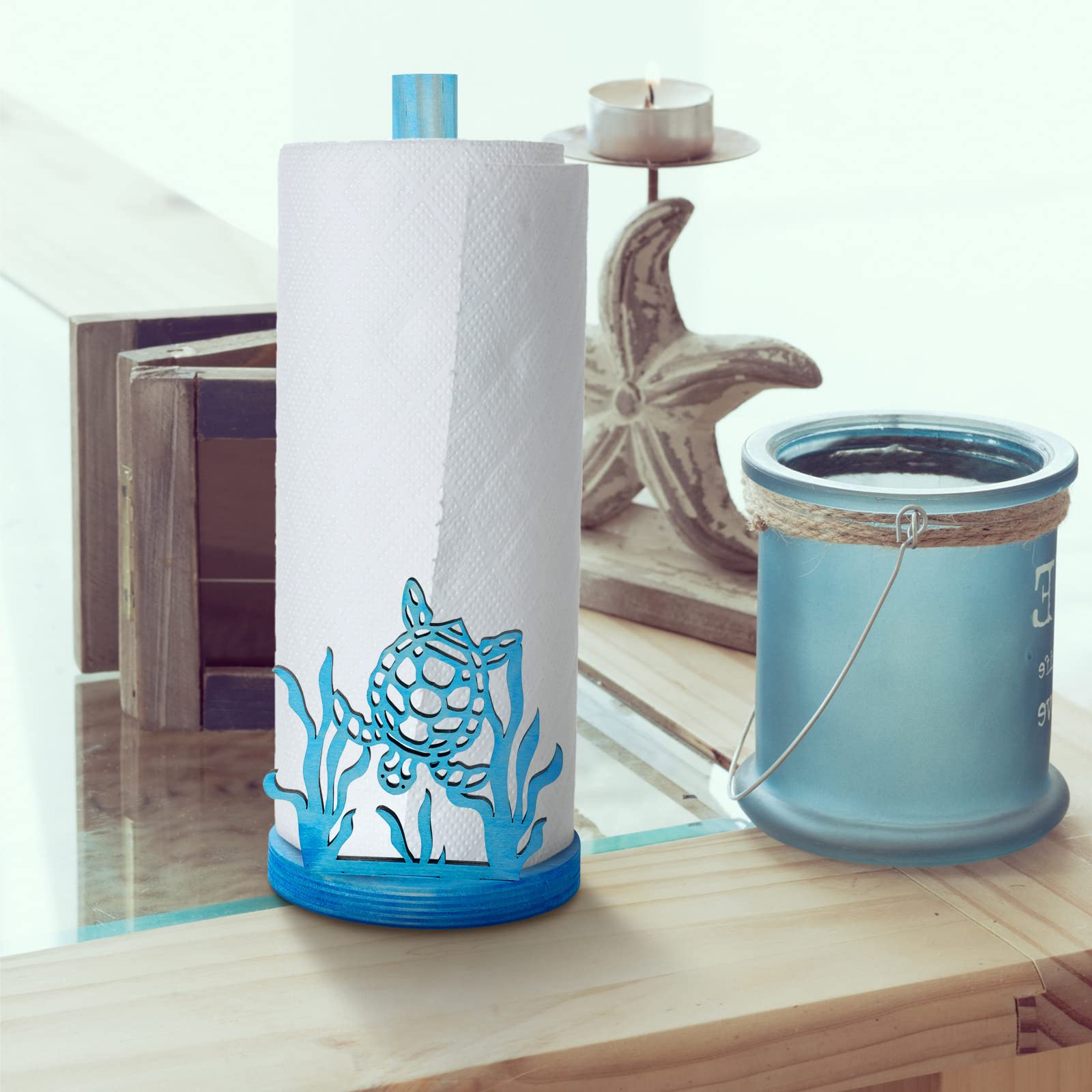 Wooden Sea Turtle Paper Towel Holder - Blue Nautical Decor for Kitchen & Bathroom