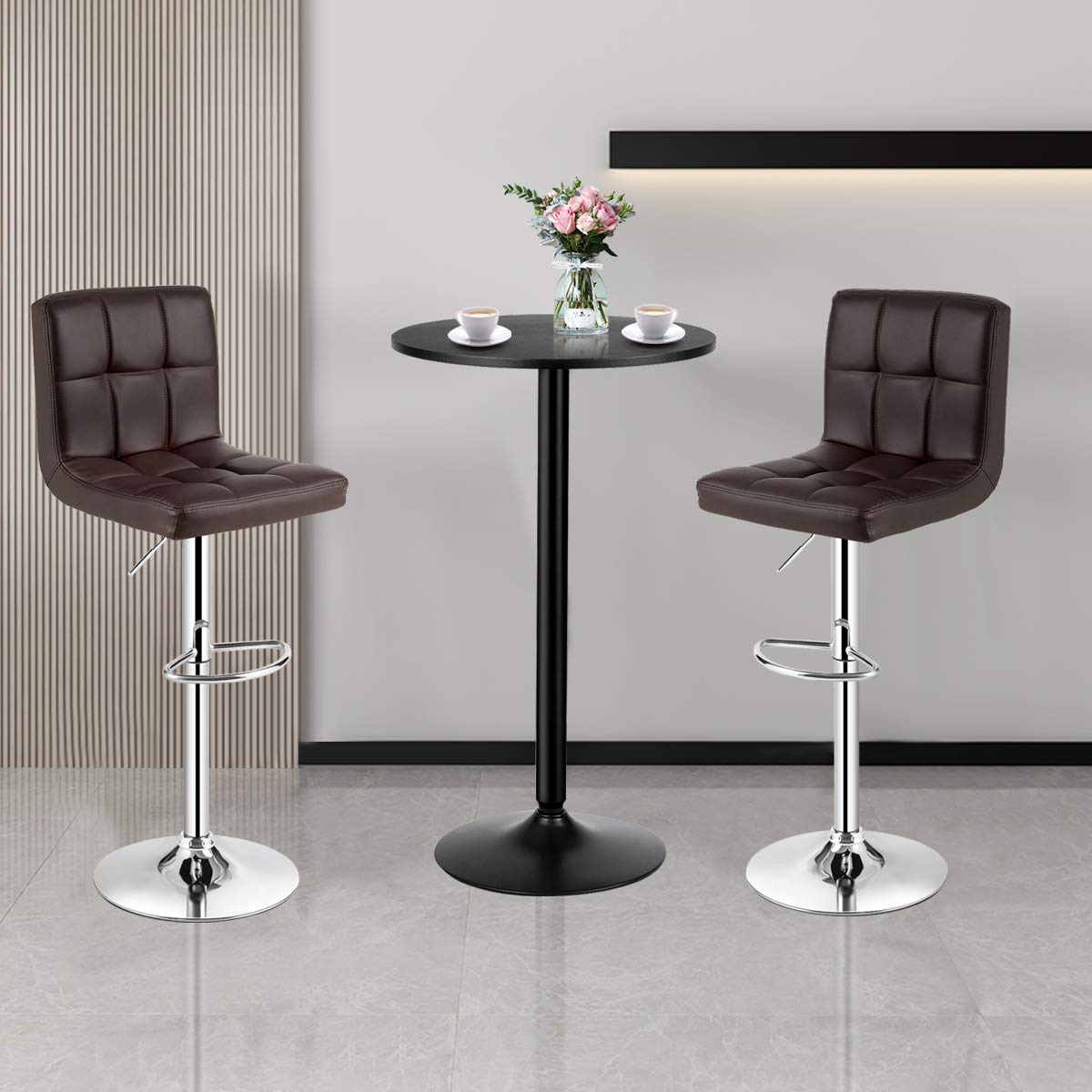 COSTWAY 3-Piece Modern Bar Table Set with Round Cocktail Table & Adjustable PU Leather Swivel Bar Stools - Counter Height Dining Set for Kitchen, Office, Restaurant, or Home Bar (Brown)