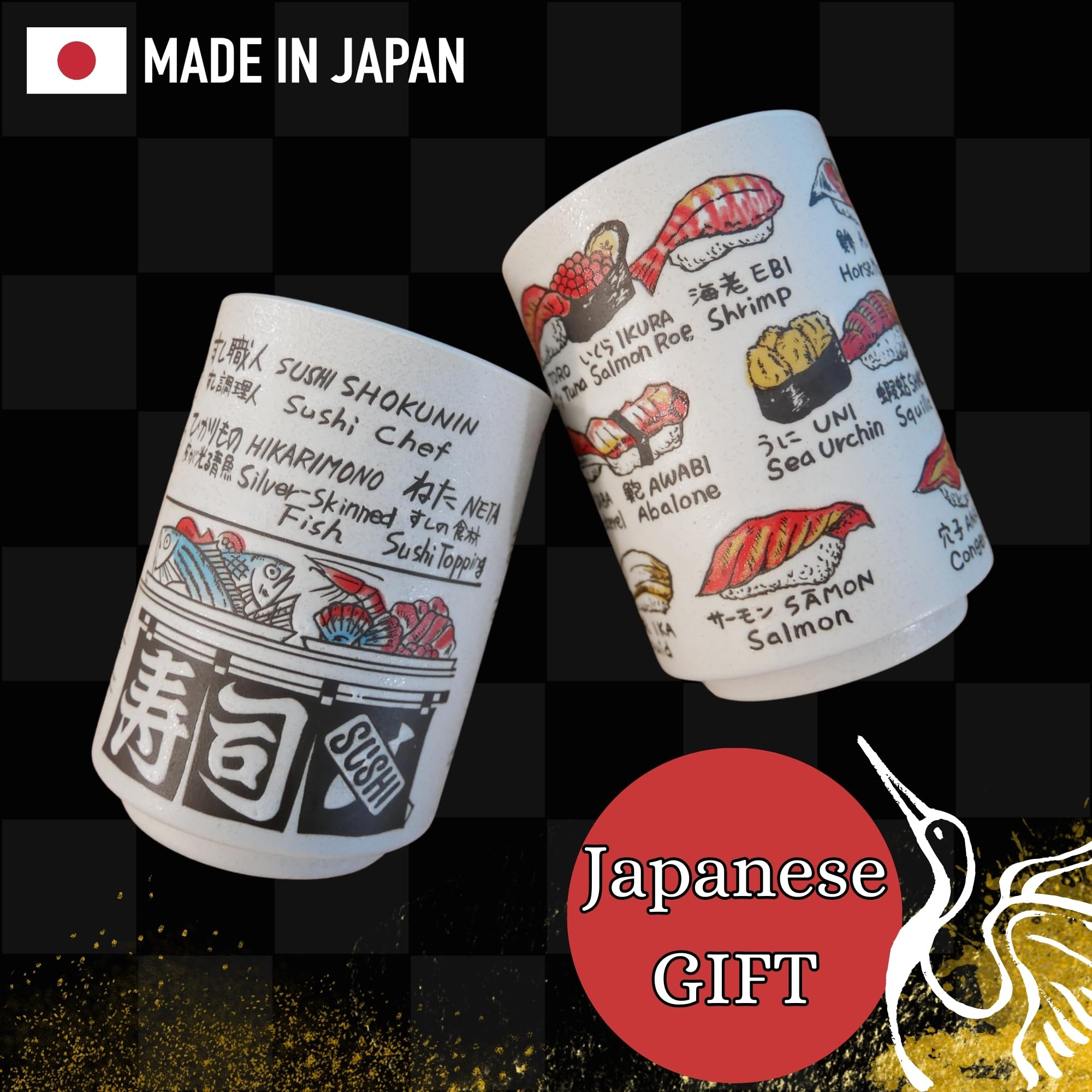 Premium Japanese Tea Cups Set of 2 - Authentic Sushi-Yunomi Mino Ware Ceramic Cups with Bamboo Coaster - Perfect for Sushi Restaurants, Tea Ceremonies & Asian Home Decor