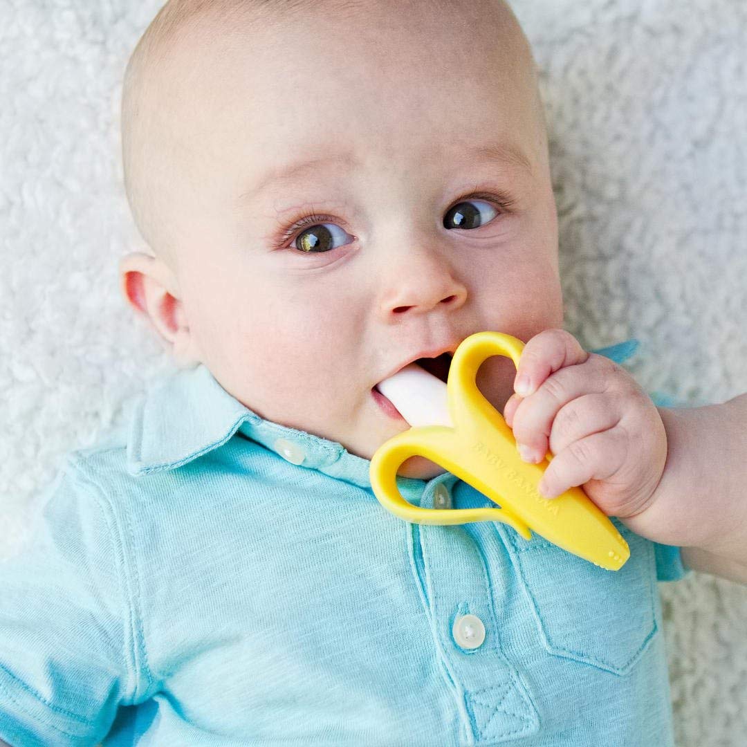 Syga Baby Banana Training Toothbrush and Teether - Soft Silicone Infant Toothbrush for Teething Babies (Yellow) | Perfect for Soothing Sore Gums & Early Dental Care