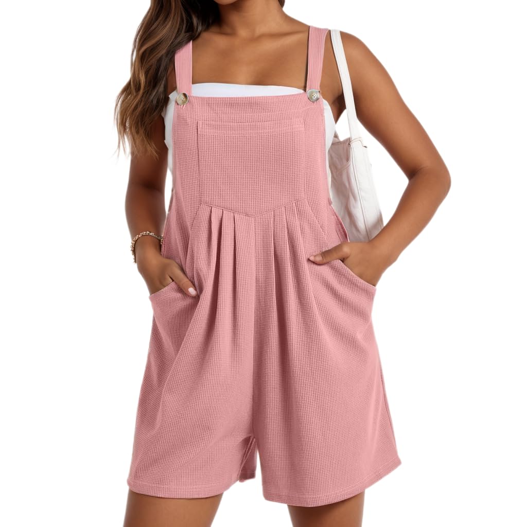 Women's Summer Sleeveless Waffle Knit Romper - Loose Fit Casual Overalls with Pockets | Beach Outfit, Vacation Wear, Lounge Jumpsuit