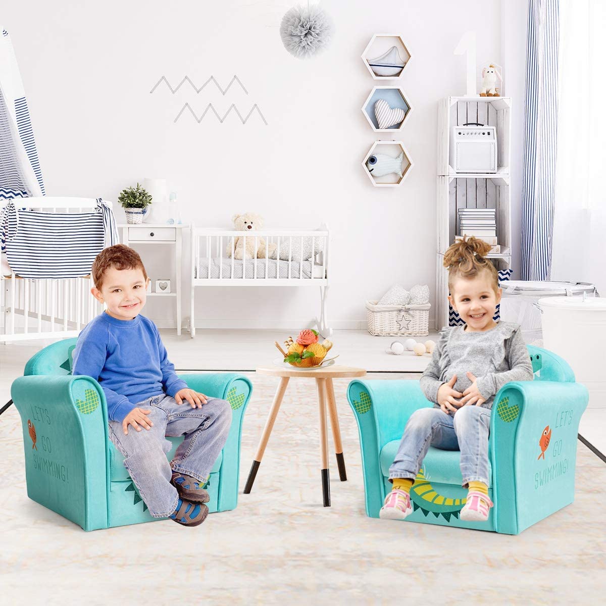 Fireflowery Kids Sofa with Cartoon Pattern - High Back Armrest Chair for Toddlers, High-Resilience Sponge Cushion, Lightweight Children's Furniture for Boys & Girls (Blue) - Perfect for Playroom, Bedroom & Nursery Decor