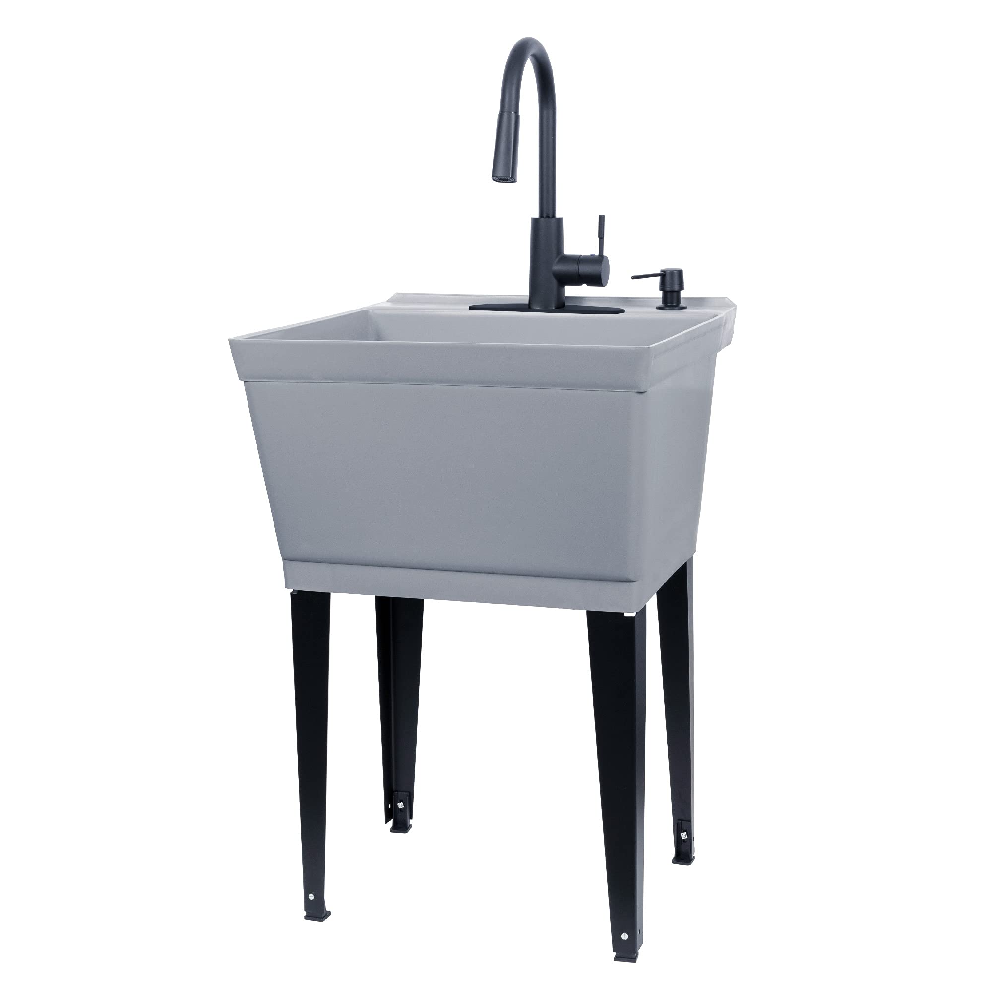 VETTA Grey Utility Sink Laundry Tub with High Arc Black Faucet - Heavy Duty Free Standing Slop Sink with Pull Down Sprayer for Laundry Room, Basement, Garage & Workshop | Perfect for Washing Pets, Cleaning Tools & DIY Projects