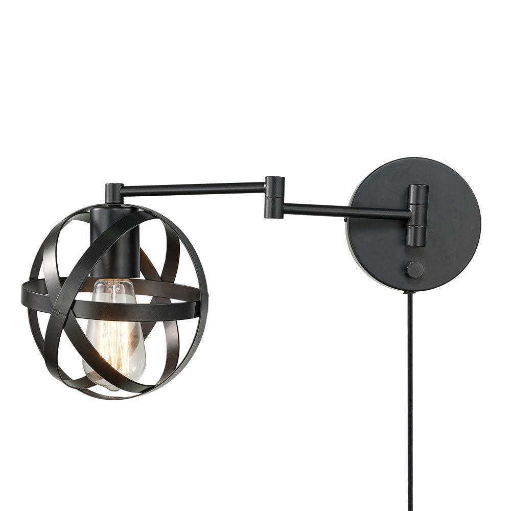 Tatum 1-Light Plug-in or Hardwired Swing Arm Wall Sconce - Dark Bronze Finish with 6ft Black Fabric Cord & Rotary On/Off Switch (Model 51544) - Perfect for Bedroom Reading, Living Room Accent Lighting, and Hallway Illumination