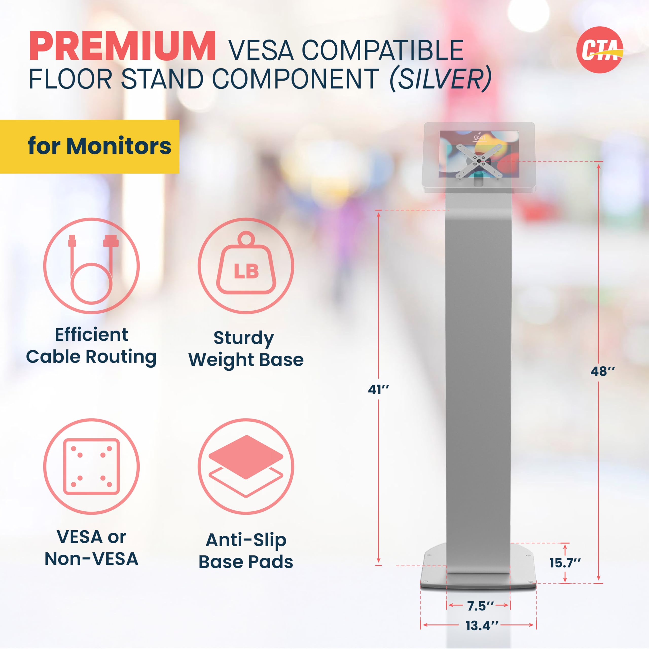 Heavy-Duty VESA Compatible Floor Stand Kiosk with Cable Management System, Scratch-Resistant Base & Kitting Options - Perfect for Retail Displays, Trade Shows & Digital Signage (ADD-PARAFSS) - Silver