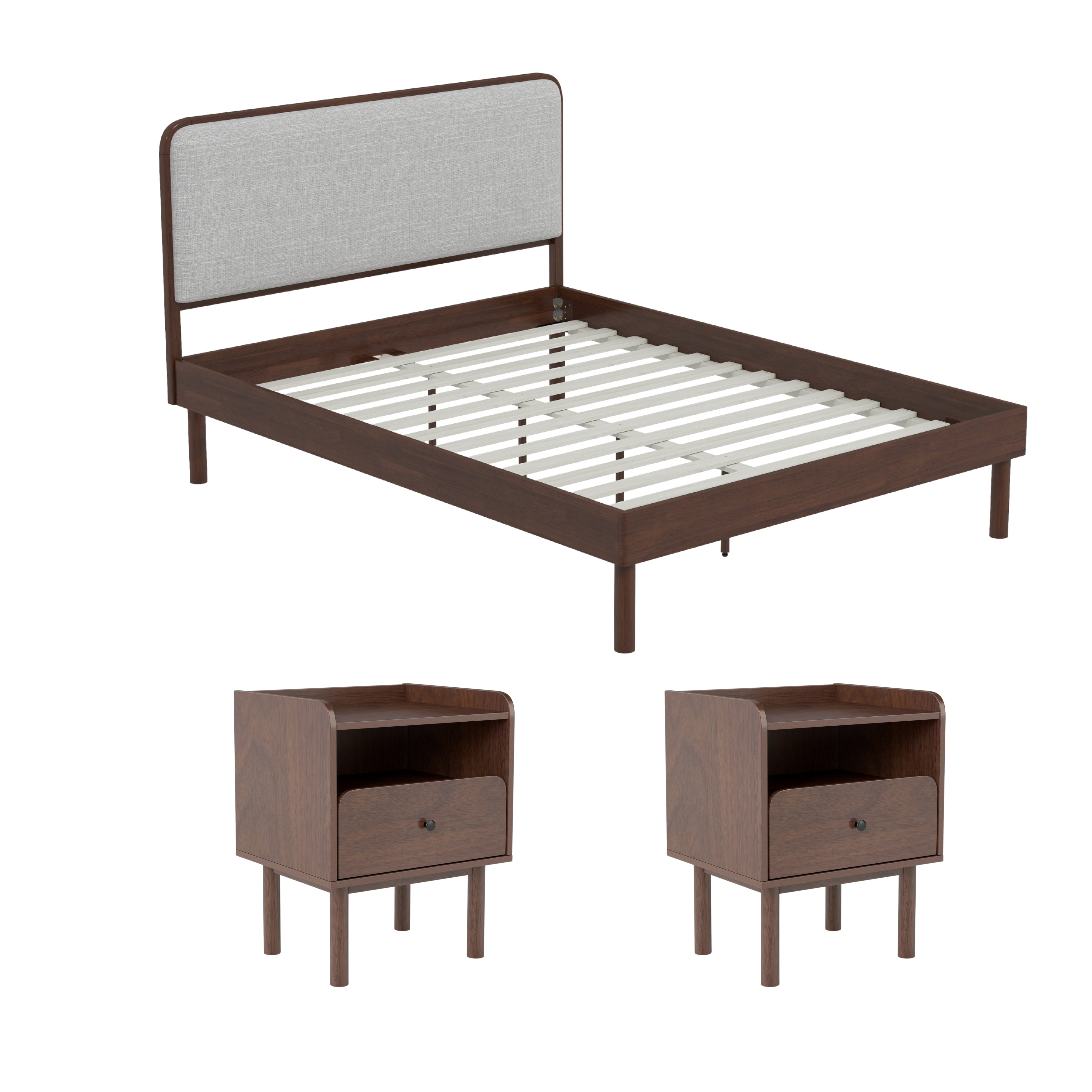 Roundhill Furniture Wyller 3-Piece Queen Bedroom Set - Platform Bed with 2 Nightstands in Natural Walnut Finish | Modern Bedroom Furniture for Small Spaces & Guest Rooms