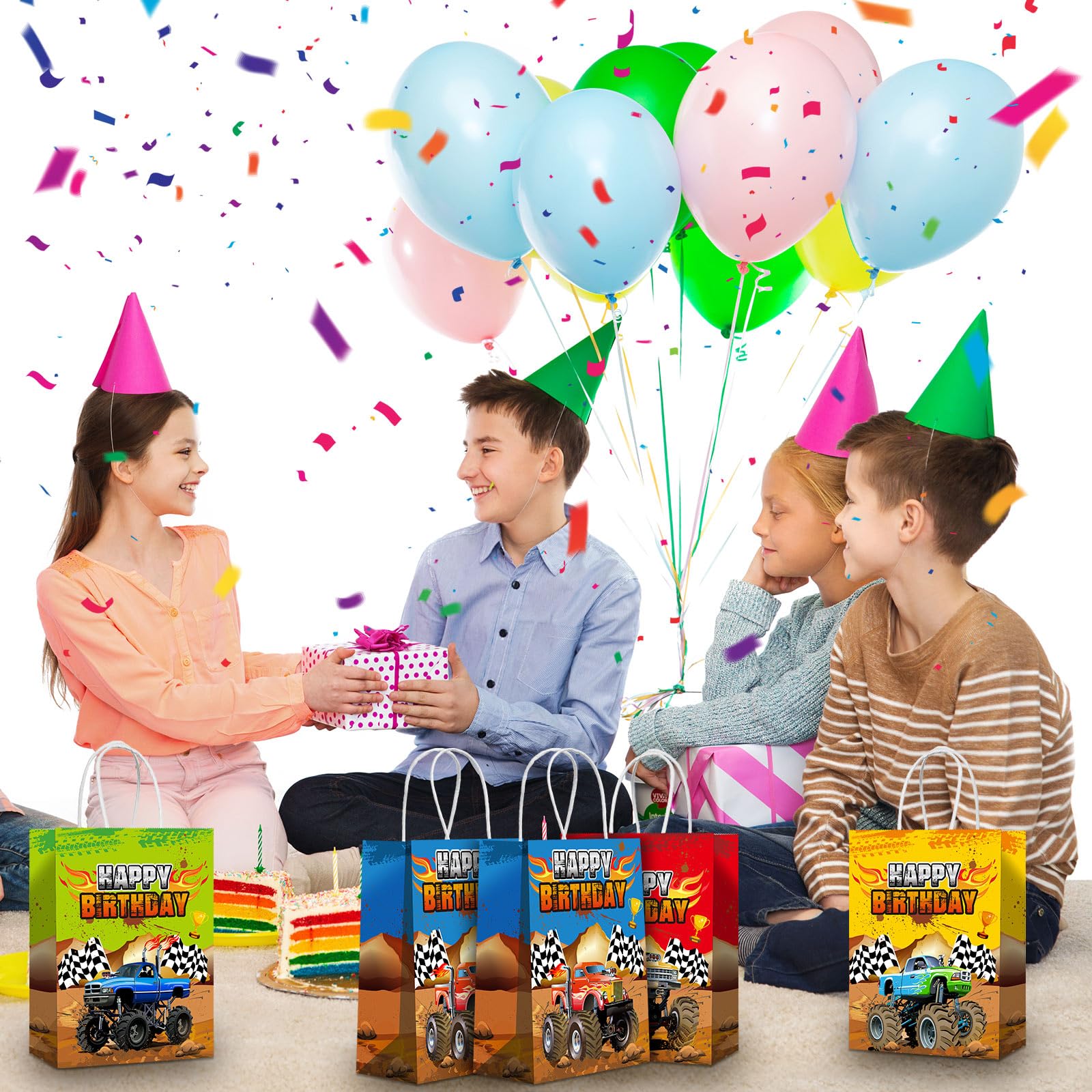 Monster Truck Party Favor Bags - 16 Pcs Racing Truck Themed Paper Gift Bags for Candy & Treats | Perfect for Kids Birthday Parties, Goodie Bags & Themed Events