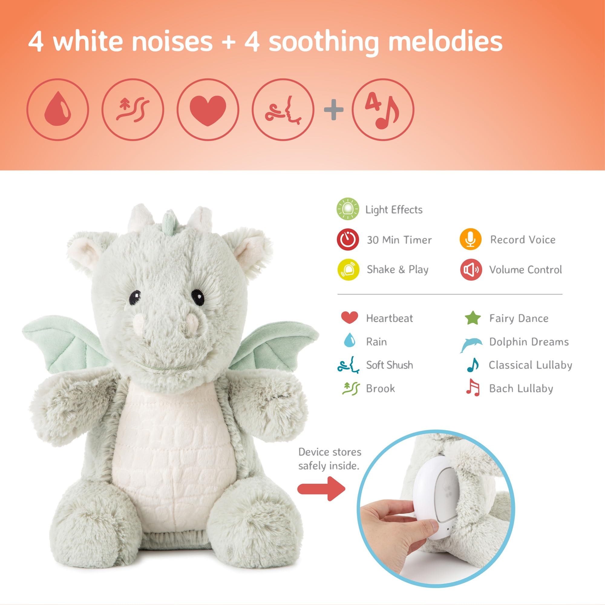 Cloud b Sound Machine with White Noise Soothing Sounds | Cuddly Stuffed Animal & Nightlight | Record Parent Voice | Adjustable Settings & Auto-Off | LoveLight™ Buddies - Drake The Dragon™ | Perfect for Baby Nursery, Travel & Bedtime Comfort